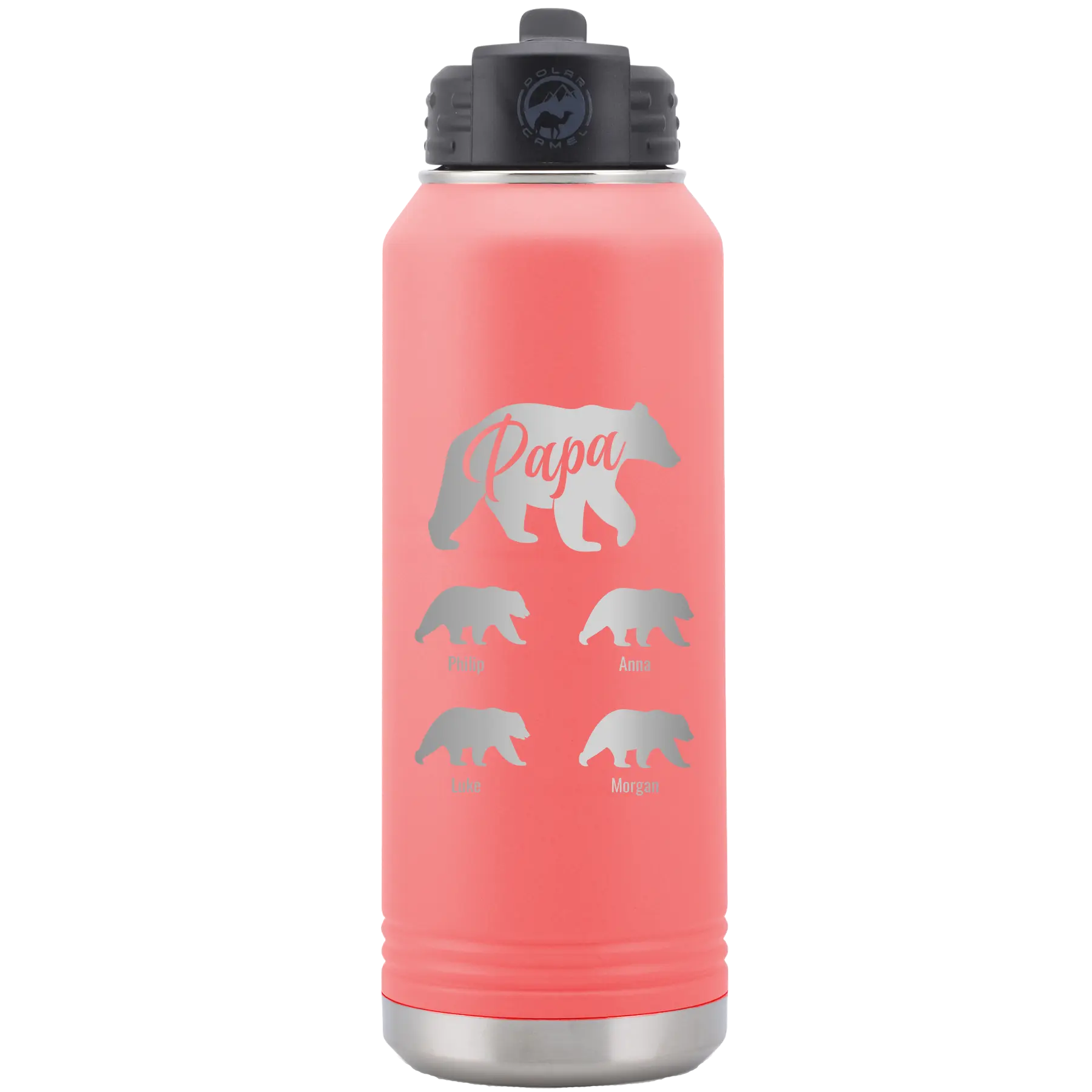 Personalized coral 32 oz vacuum insulated water bottle with 'Papa Bear 4 baby bears' design