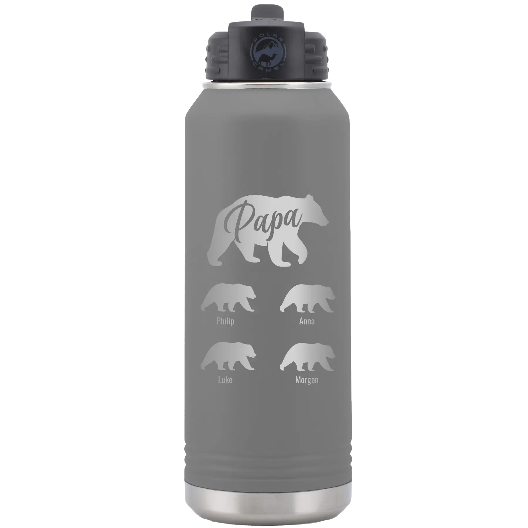 Personalized dark gray 32 oz vacuum insulated water bottle with 'Papa Bear 4 baby bears' design