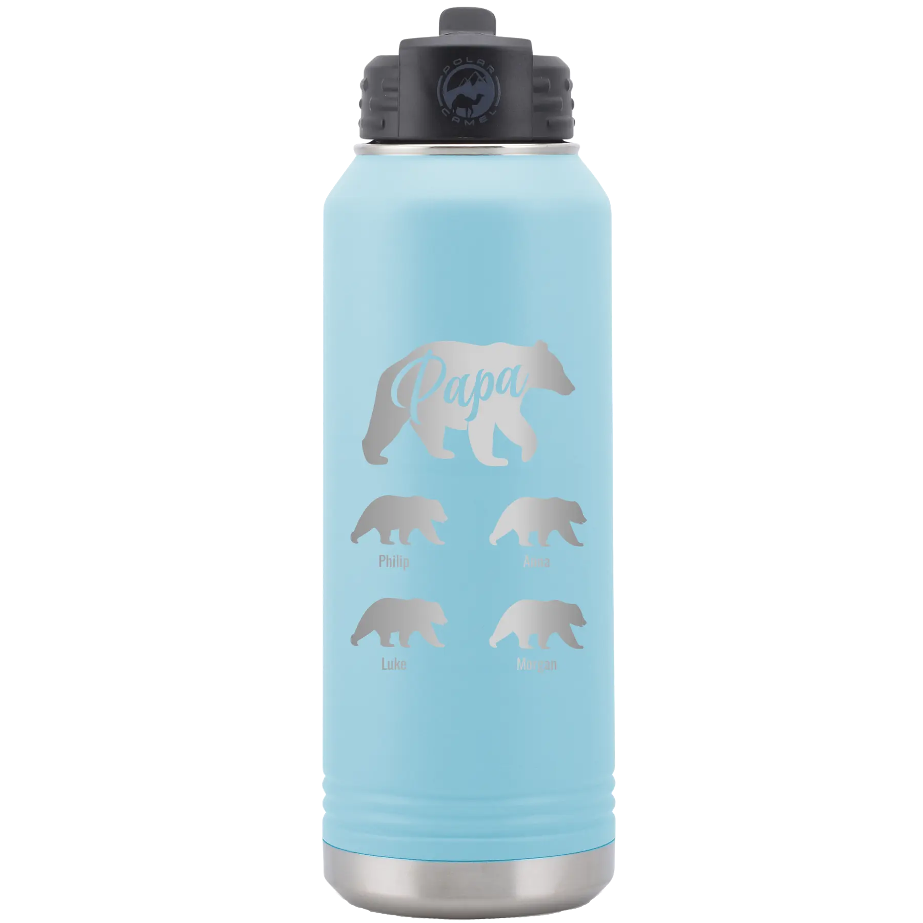 Personalized light blue 32 oz vacuum insulated water bottle with 'Papa Bear 4 baby bears' design