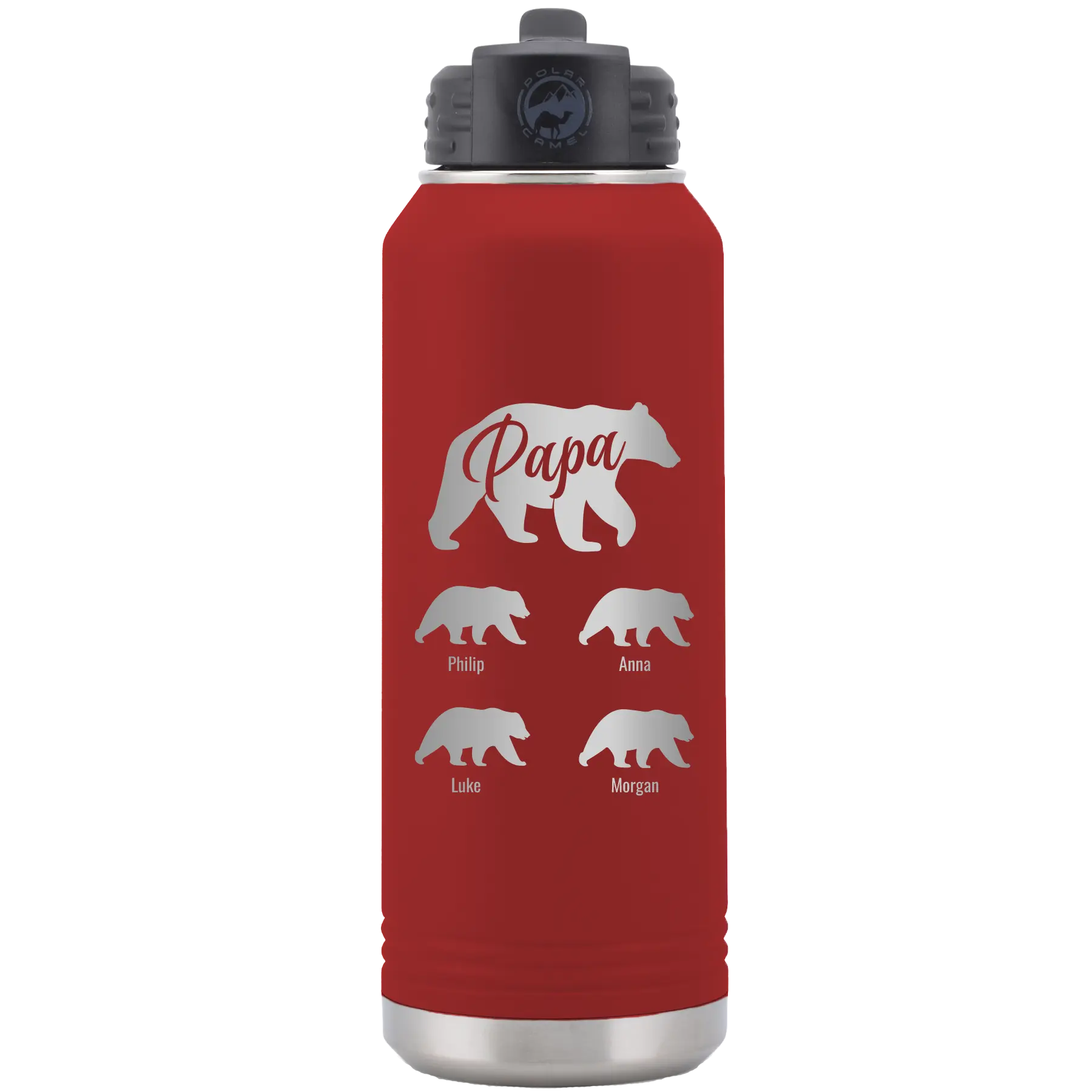 Personalized maroon 32 oz vacuum insulated water bottle with 'Papa Bear 4 baby bears' design