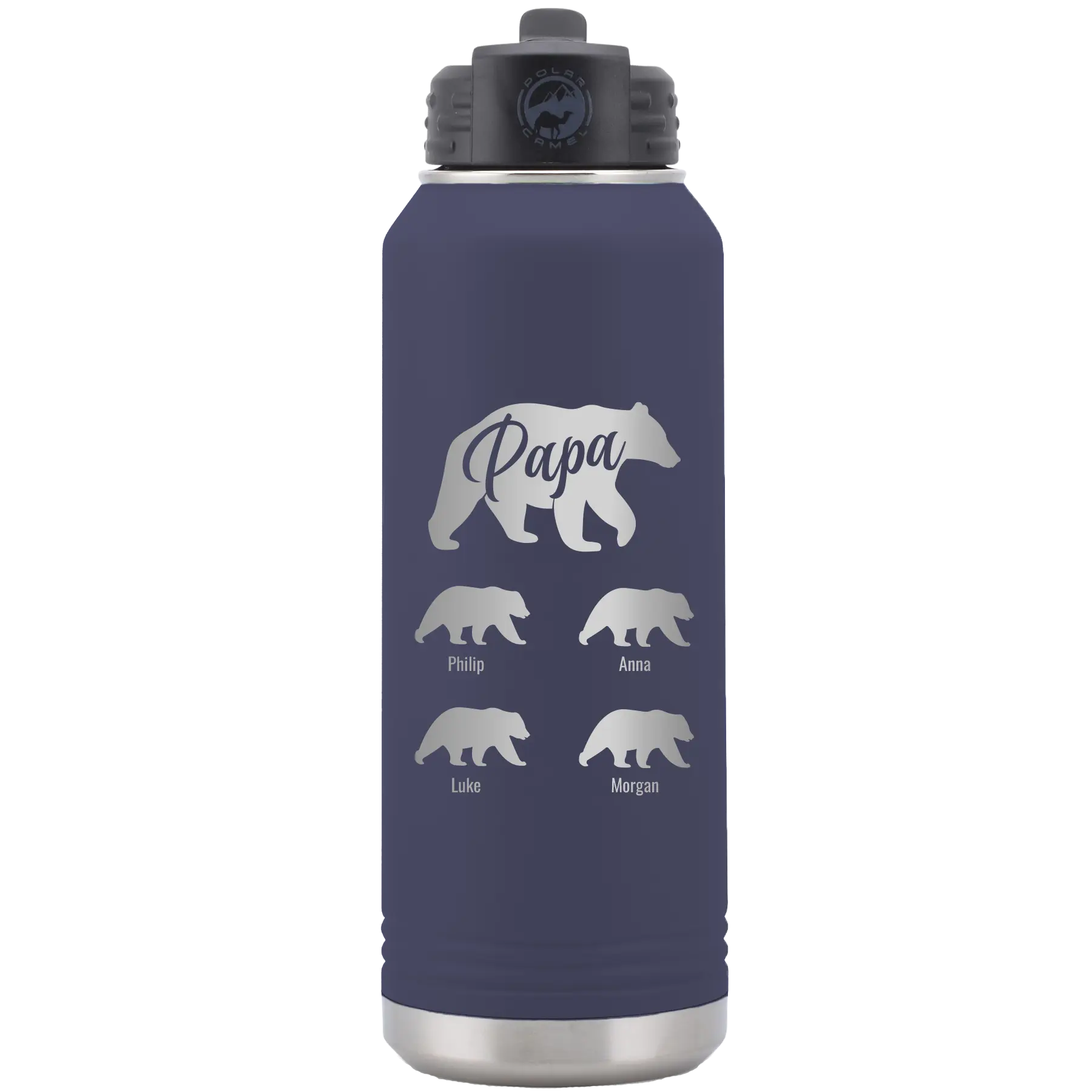 Personalized navy 32 oz vacuum insulated water bottle with 'Papa Bear 4 baby bears' design