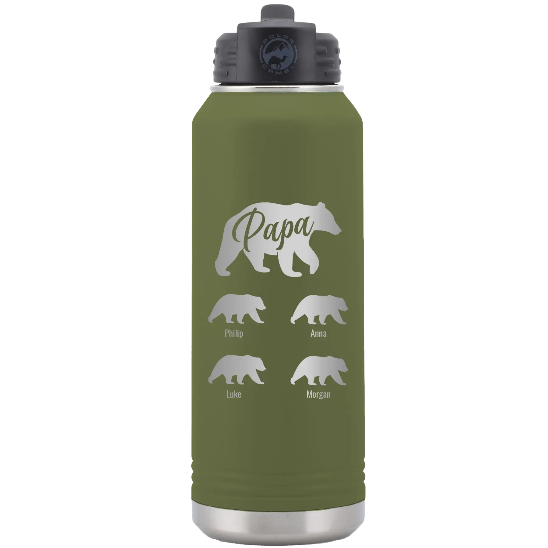 Personalized olive green 32 oz vacuum insulated water bottle with 'Papa Bear 4 baby bears' design
