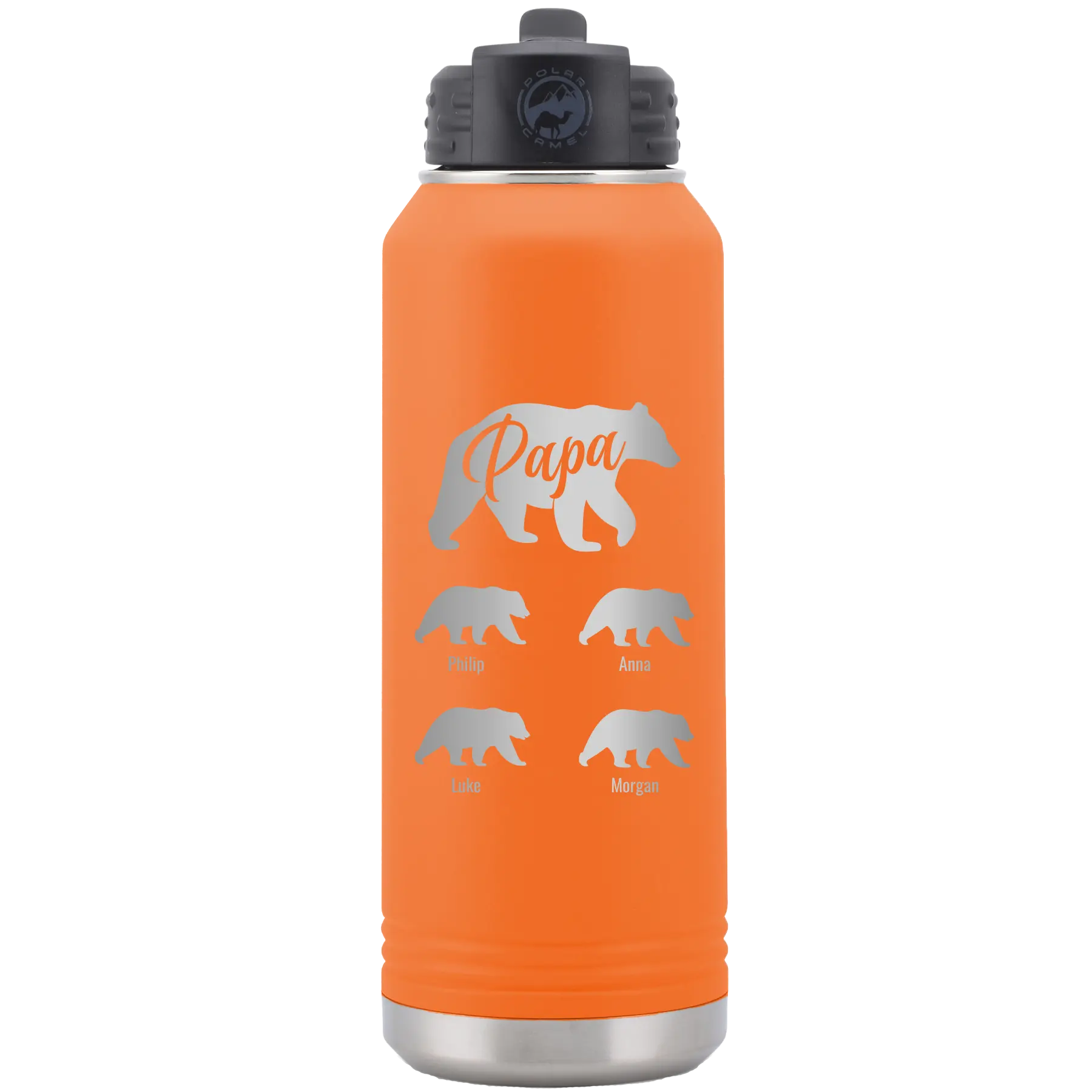 Personalized orange 32 oz vacuum insulated water bottle with 'Papa Bear 4 baby bears' design