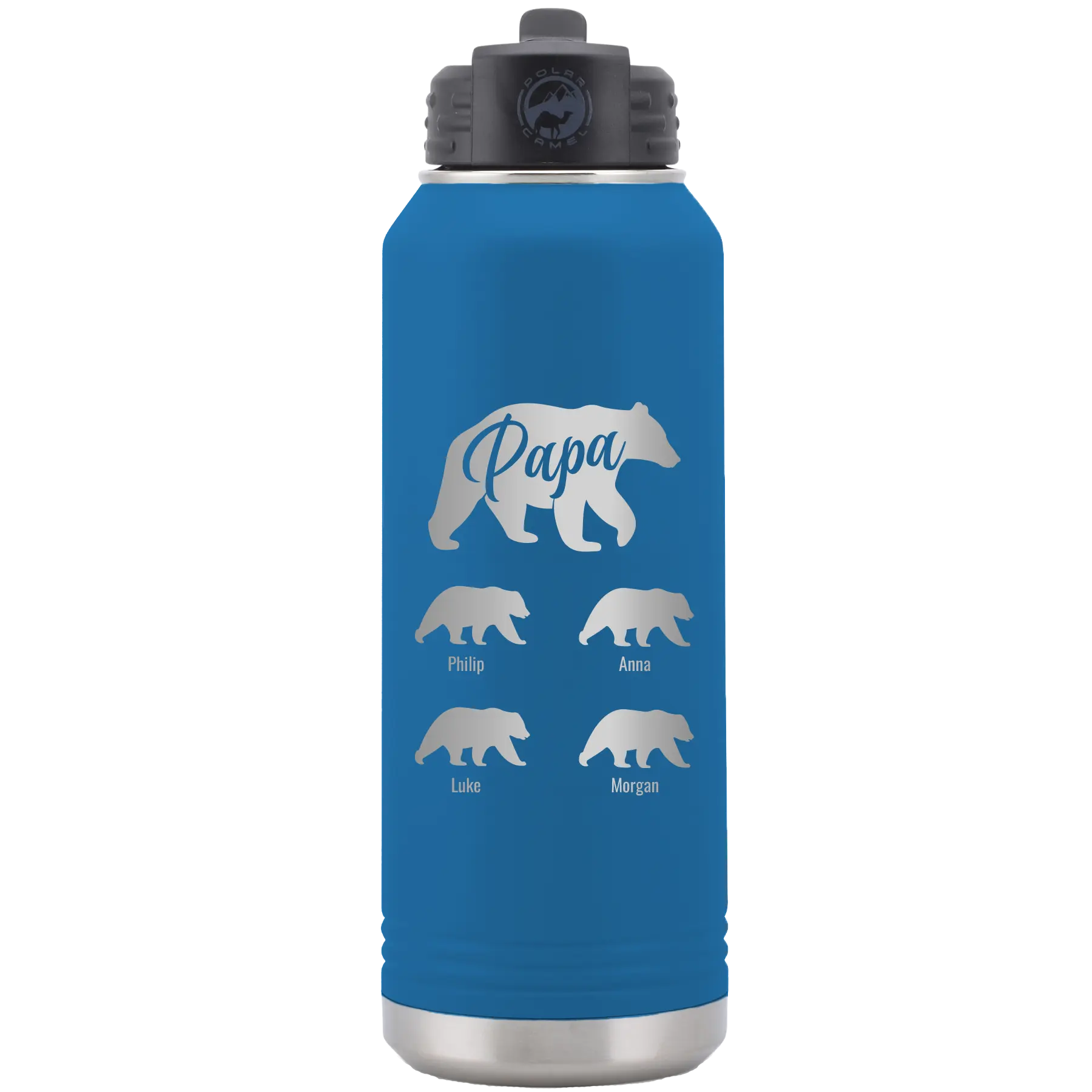 Personalized royal blue 32 oz vacuum insulated water bottle with 'Papa Bear 4 baby bears' design