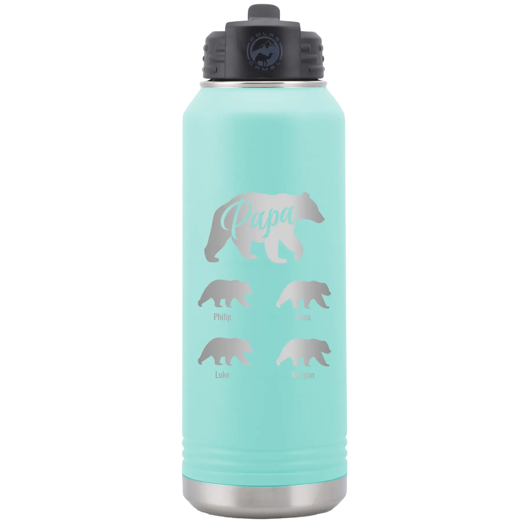 Personalized teal 32 oz vacuum insulated water bottle with 'Papa Bear 4 baby bears' design
