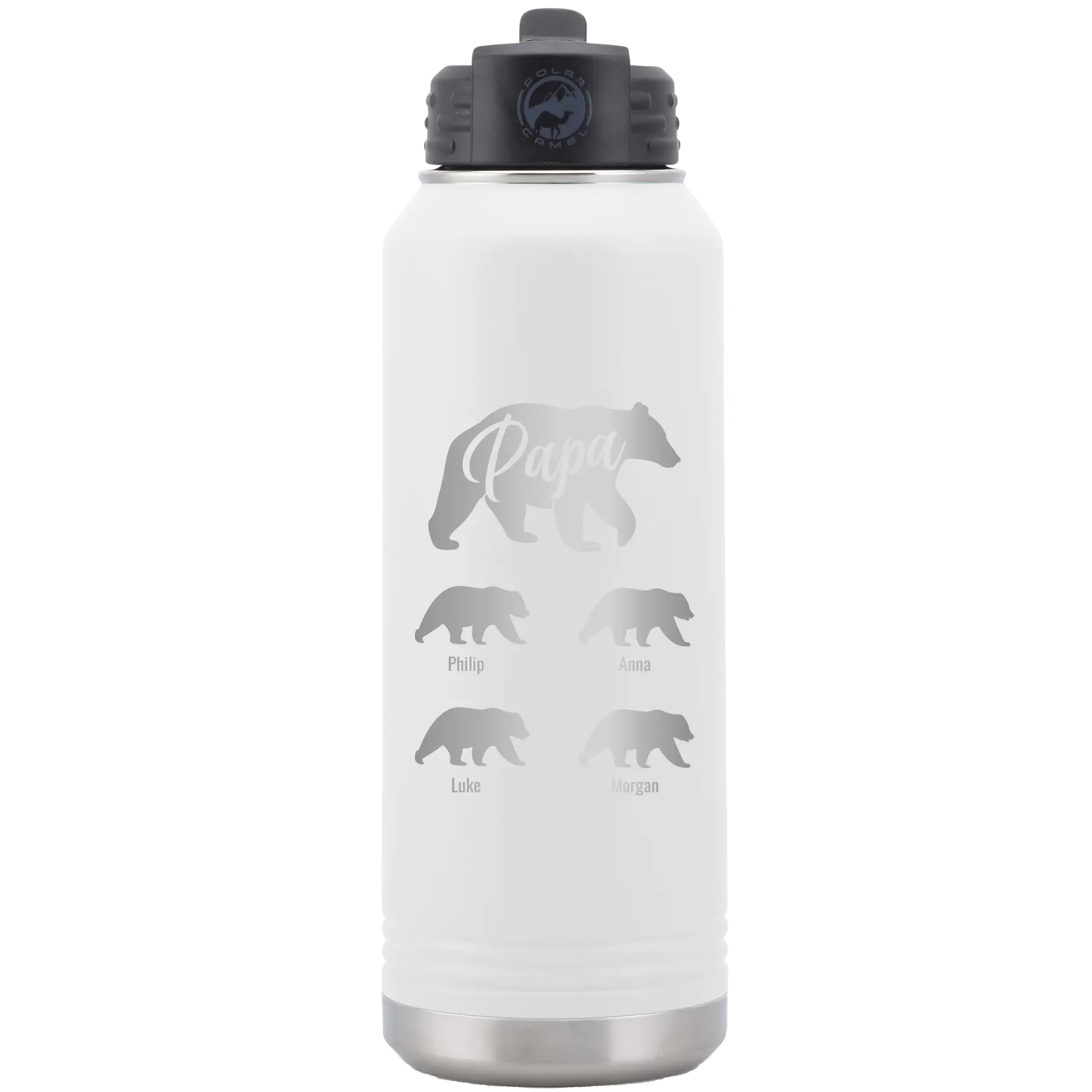 Personalized white 32 oz vacuum insulated water bottle with 'Papa Bear 4 baby bears' design