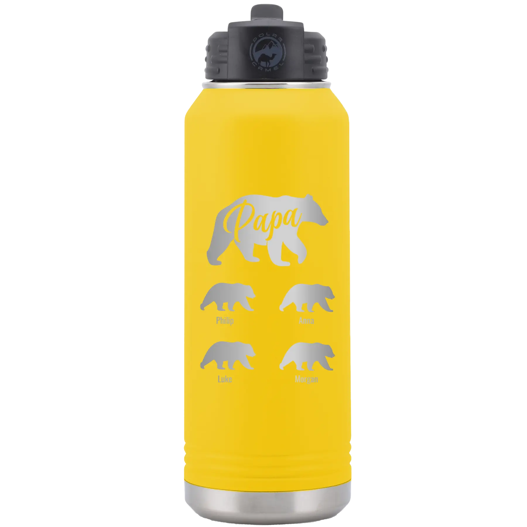 Personalized yellow 32 oz vacuum insulated water bottle with 'Papa Bear 4 baby bears' design