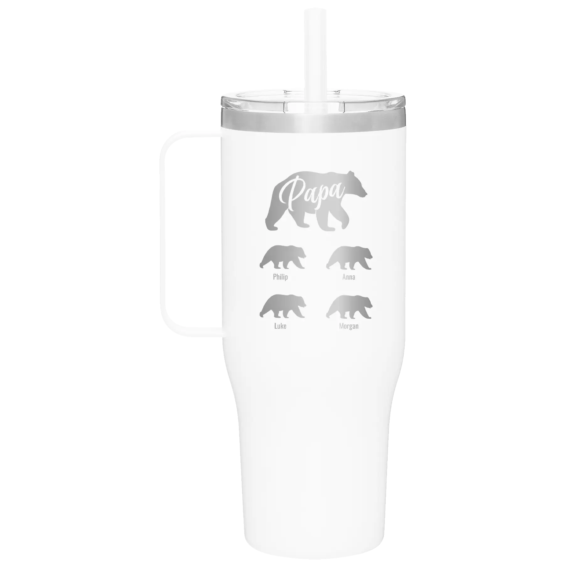 Personalized white 40 oz vacuum insulated tumbler mug with 'Papa Bear 4 baby bears' design