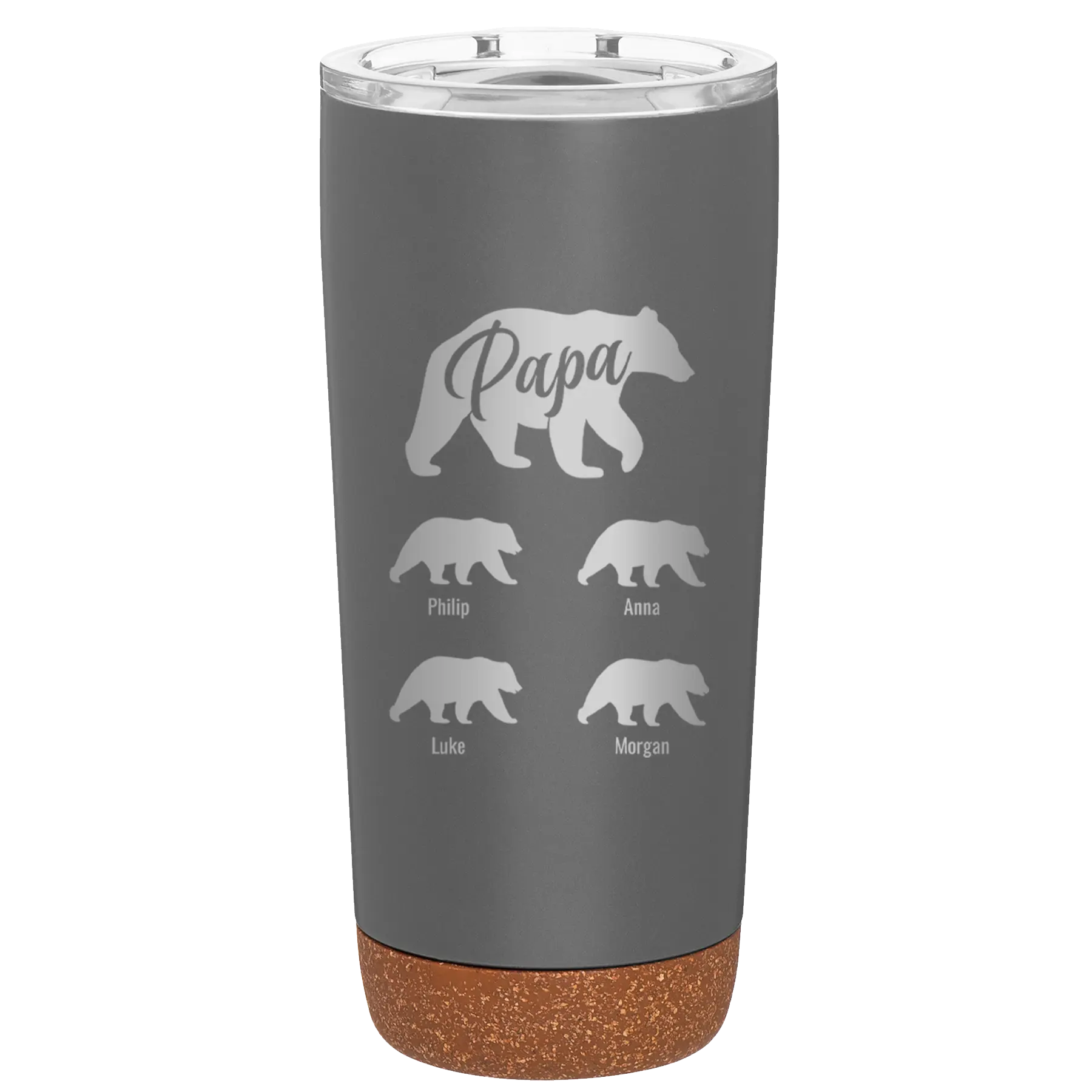 Personalized storm gray 20 oz vacuum insulated tumbler with 'Papa Bear 4 baby bears' design