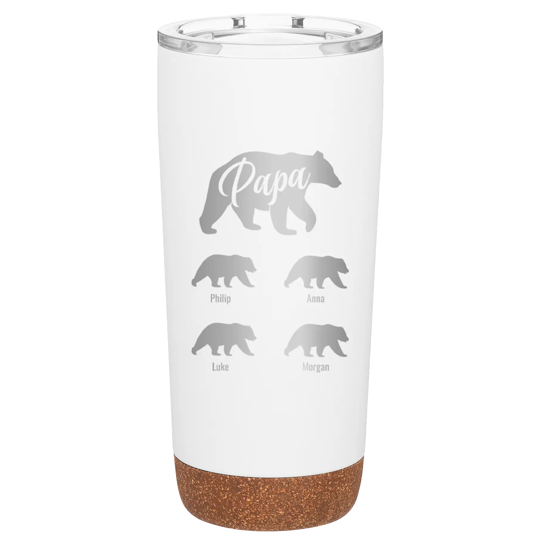 Personalized white 20 oz vacuum insulated tumbler with 'Papa Bear 4 baby bears' design