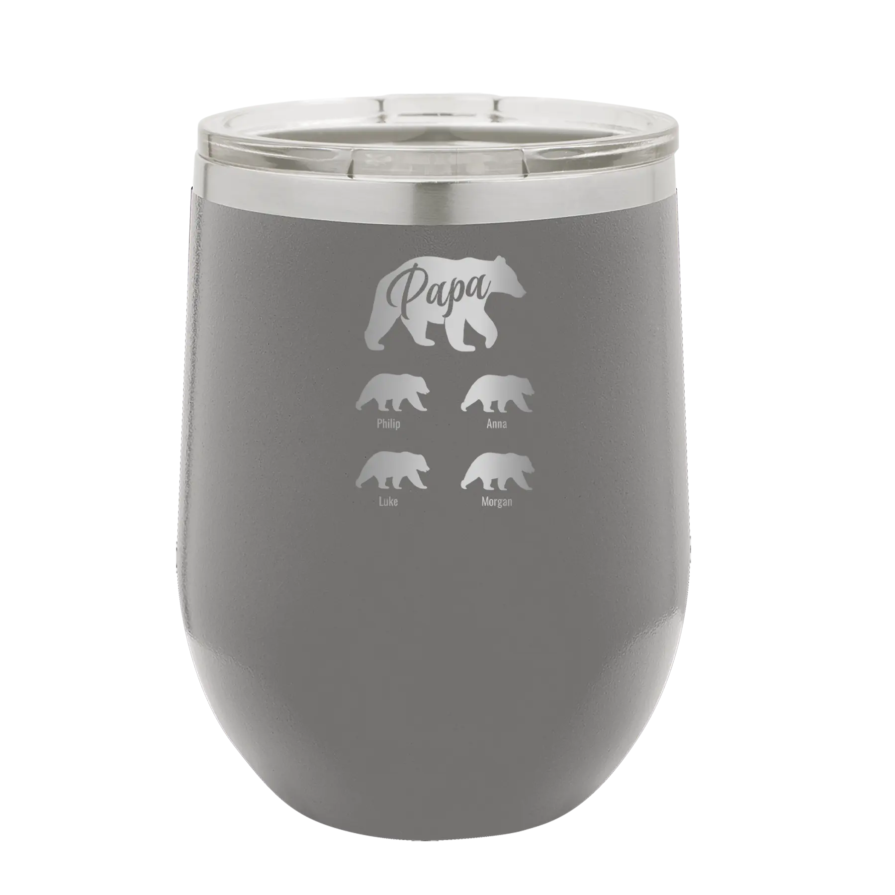 Personalized dark gray 12 oz vacuum insulated wine cup with 'Papa Bear 4 baby bears' design