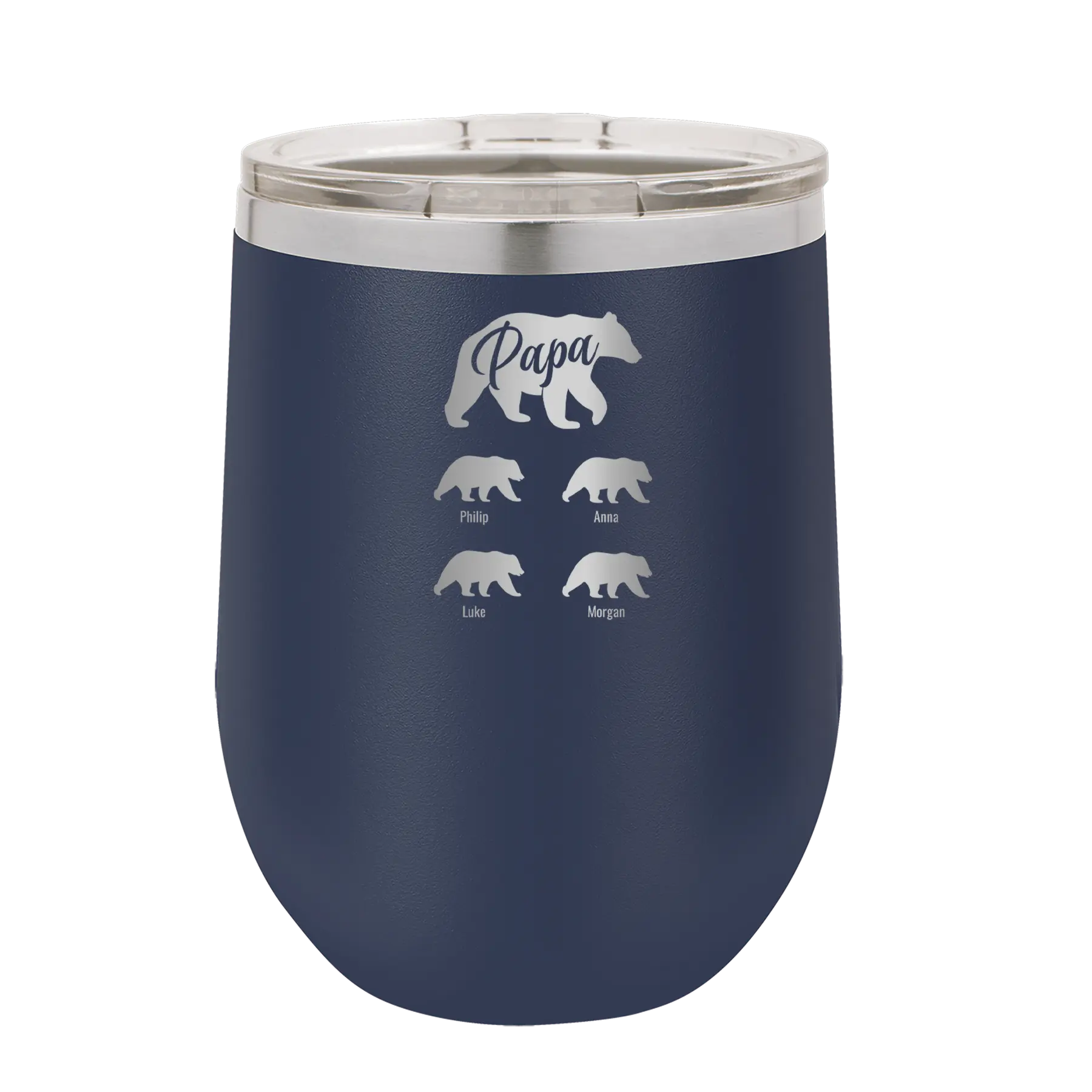 Personalized navy 12 oz vacuum insulated wine cup with 'Papa Bear 4 baby bears' design