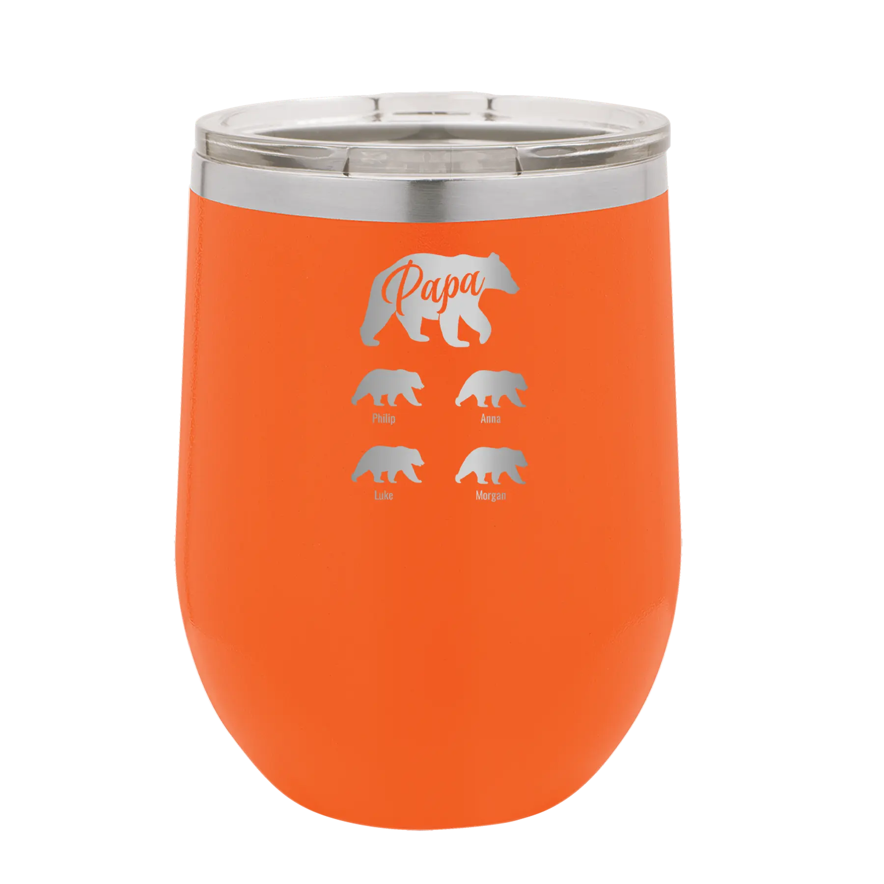 Personalized orange 12 oz vacuum insulated wine cup with 'Papa Bear 4 baby bears' design
