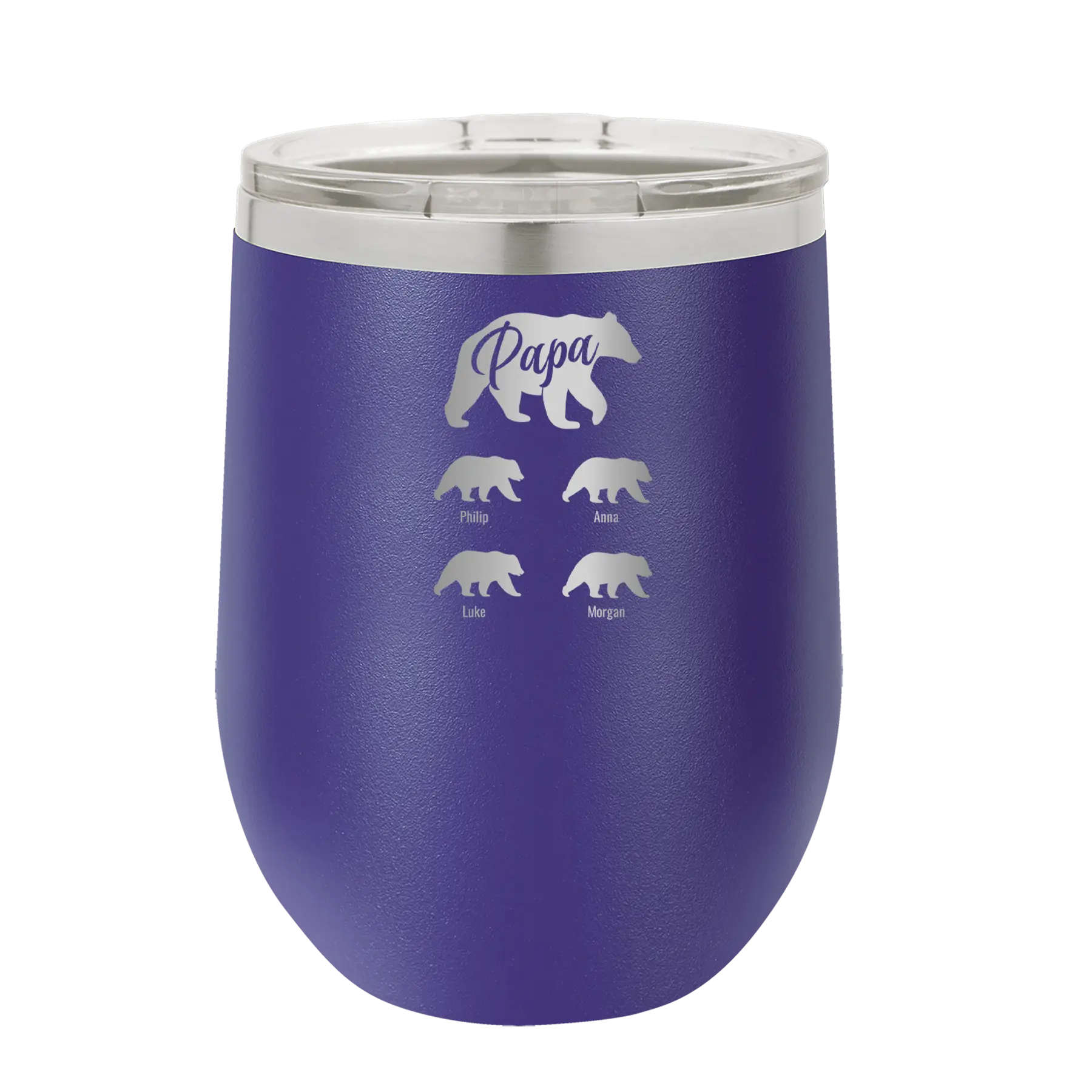 Personalized purple 12 oz vacuum insulated wine cup with 'Papa Bear 4 baby bears' design