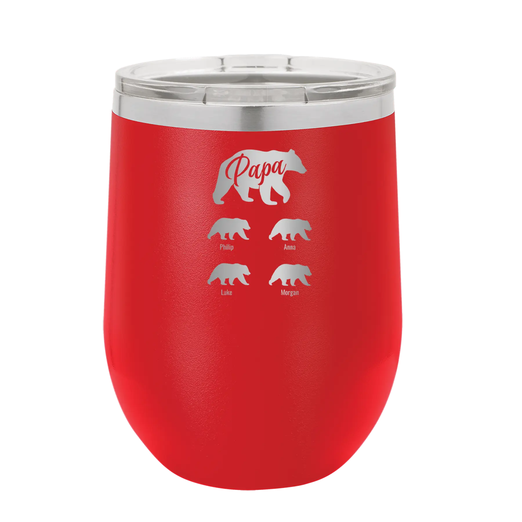 Personalized red 12 oz vacuum insulated wine cup with 'Papa Bear 4 baby bears' design