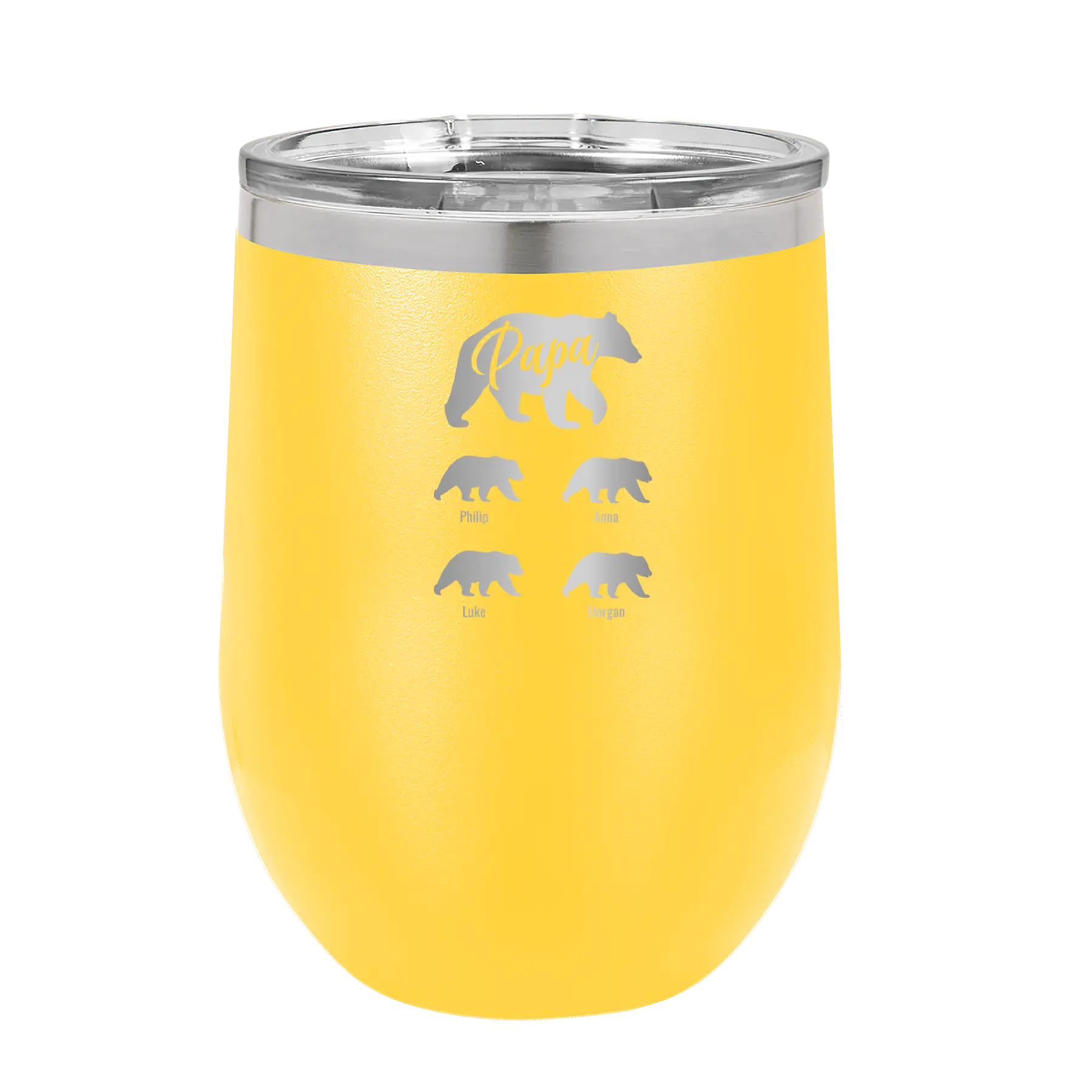 Personalized yellow 12 oz vacuum insulated wine cup with 'Papa Bear 4 baby bears' design
