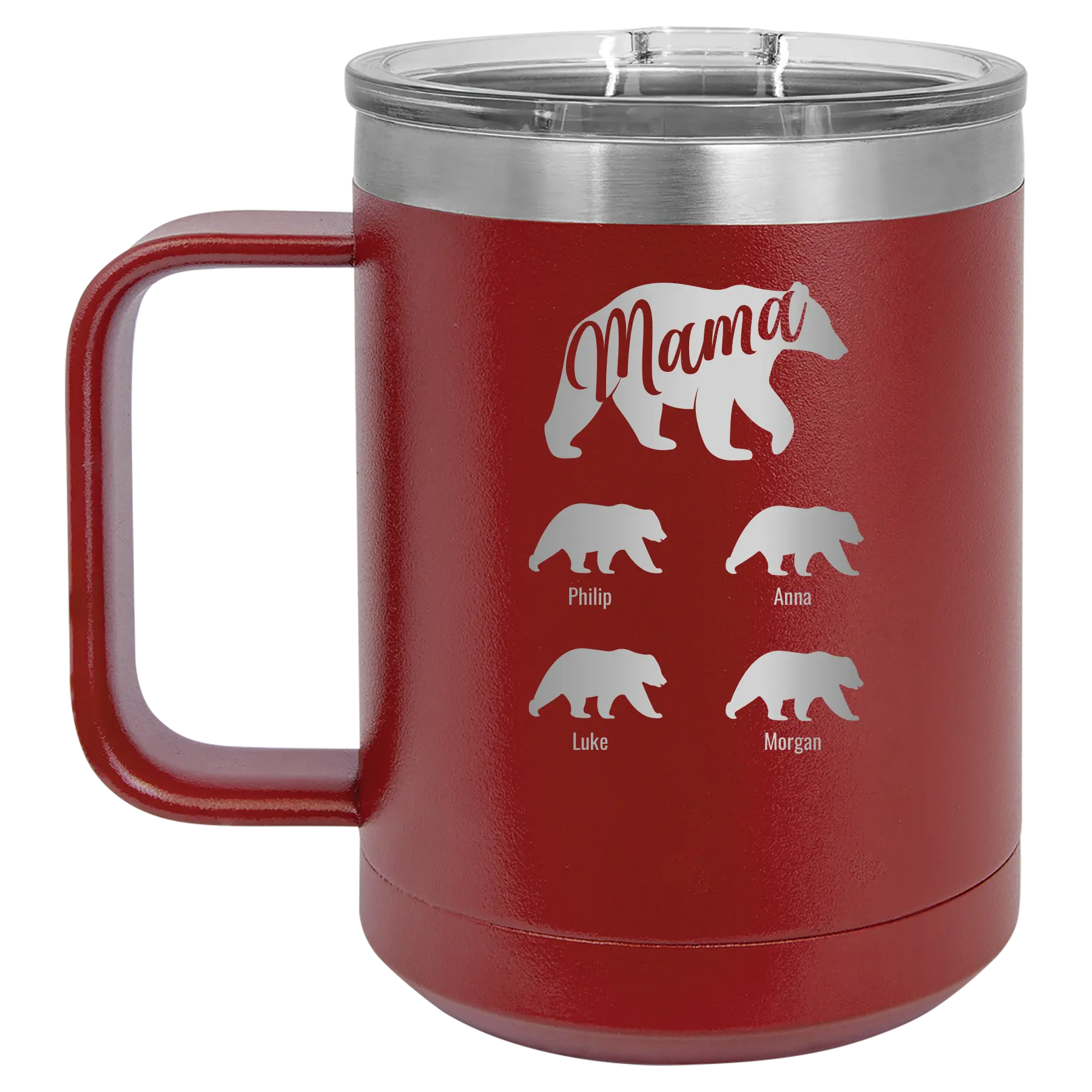 Personalized maroon 15 oz vacuum insulated coffee mug with 'Mama Bear 4 baby bears' design