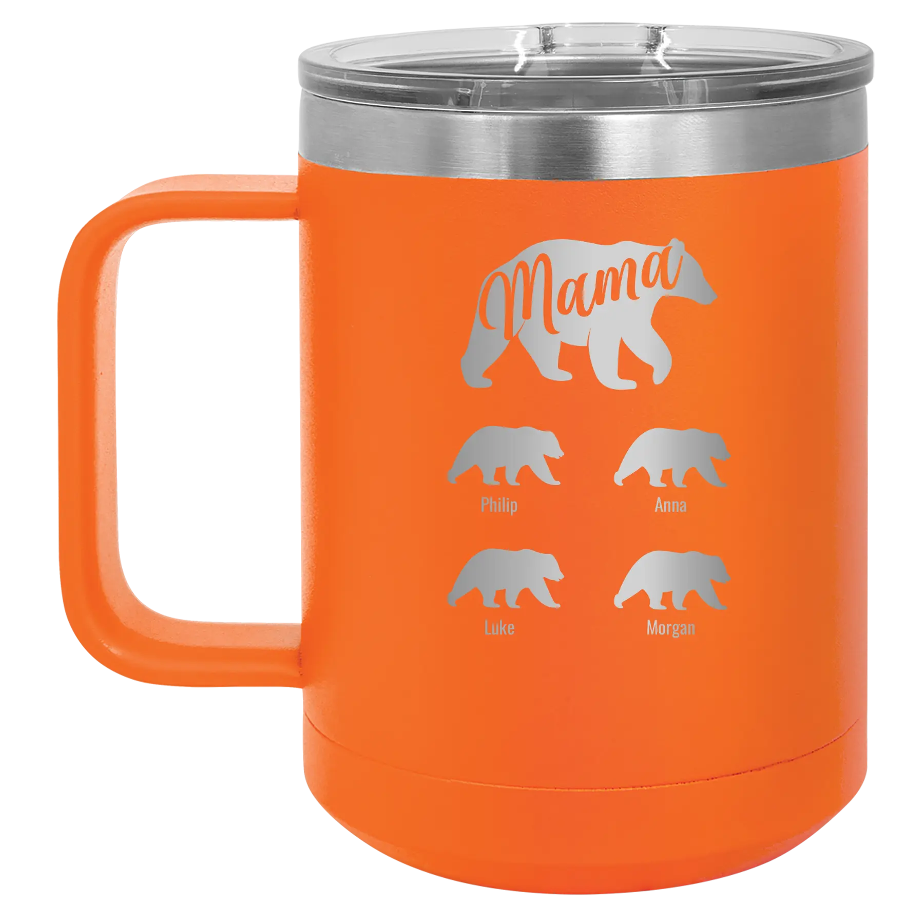 Personalized orange 15 oz vacuum insulated coffee mug with 'Mama Bear 4 baby bears' design