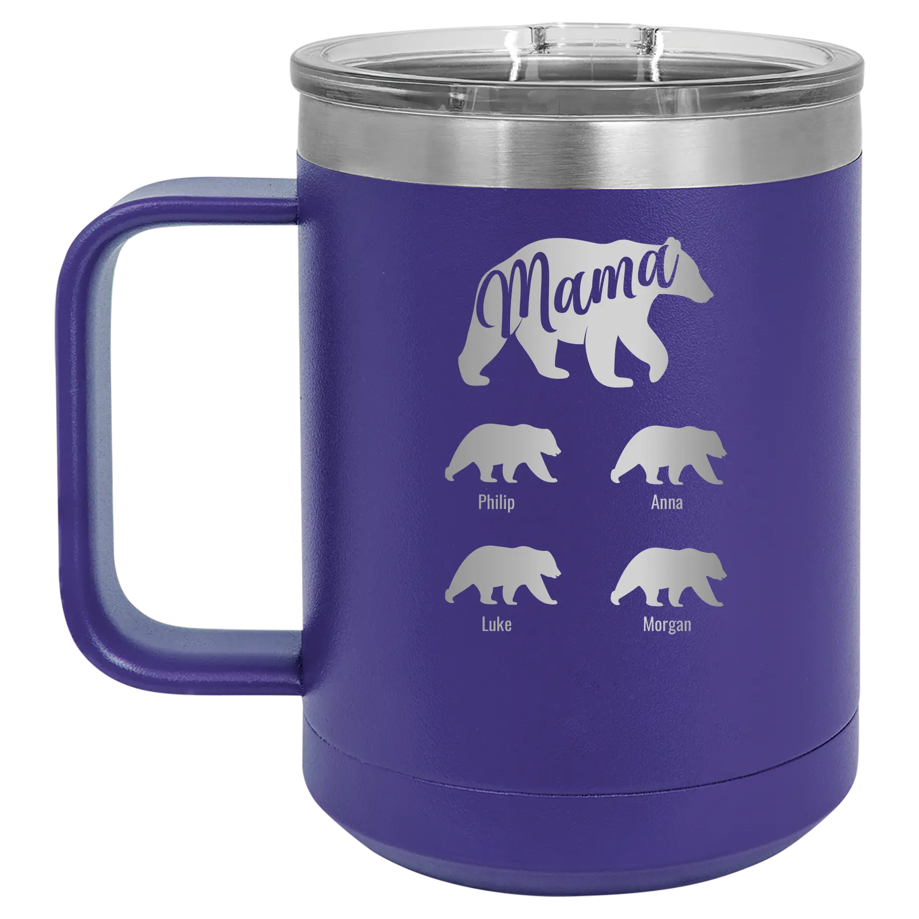 Personalized purple 15 oz vacuum insulated coffee mug with 'Mama Bear 4 baby bears' design