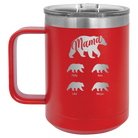 Personalized red 15 oz vacuum insulated coffee mug with 'Mama Bear 4 baby bears' design