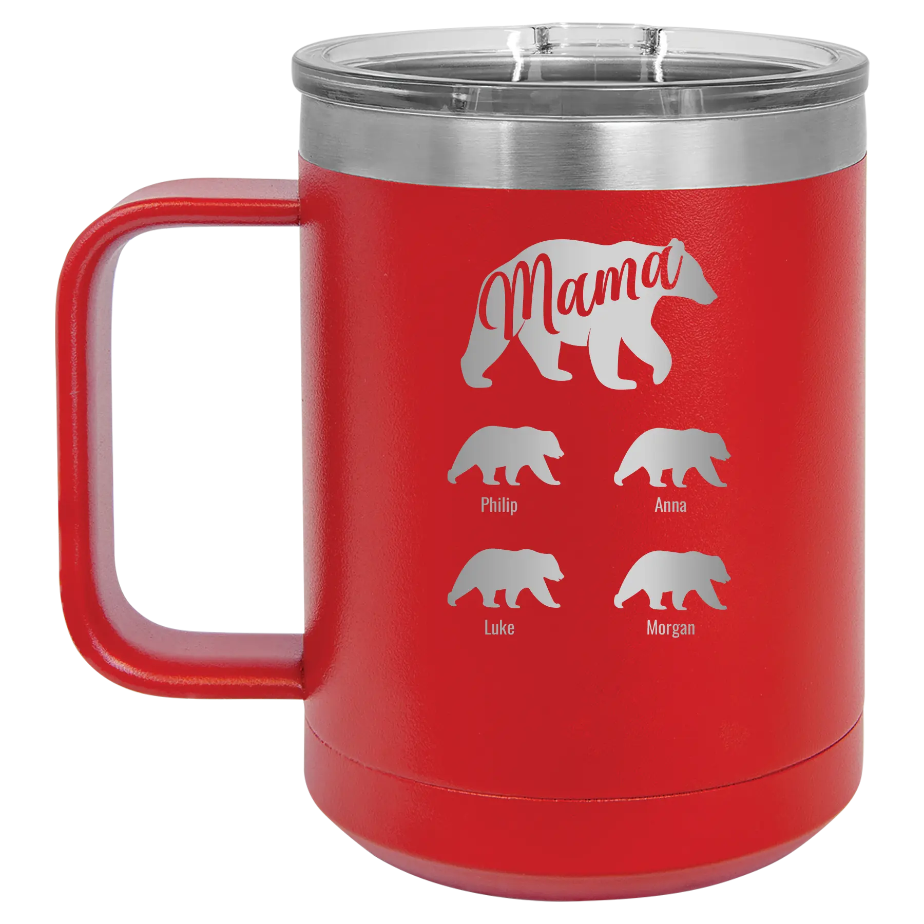 Personalized red 15 oz vacuum insulated coffee mug with 'Mama Bear 4 baby bears' design