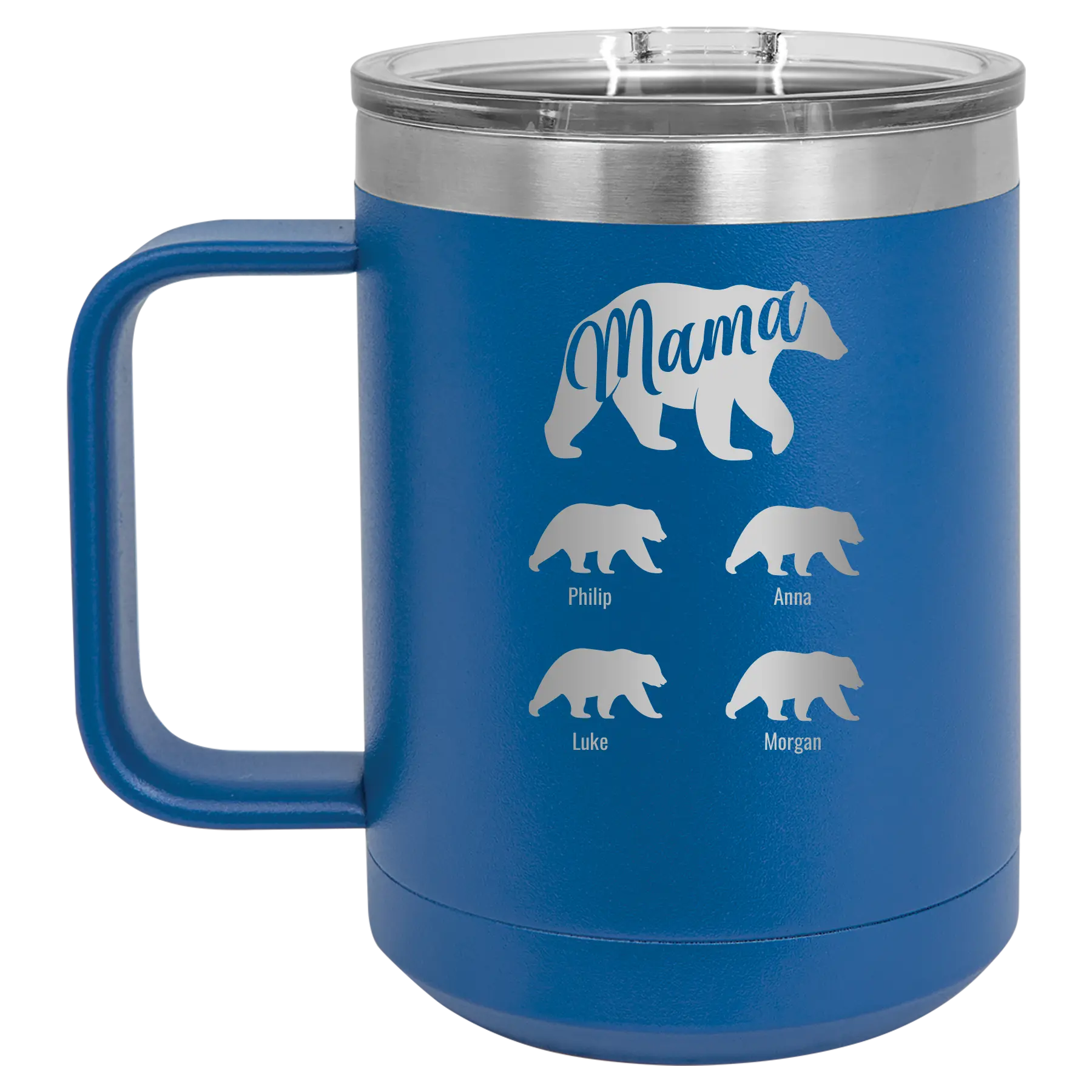 Personalized royal blue 15 oz vacuum insulated coffee mug with 'Mama Bear 4 baby bears' design