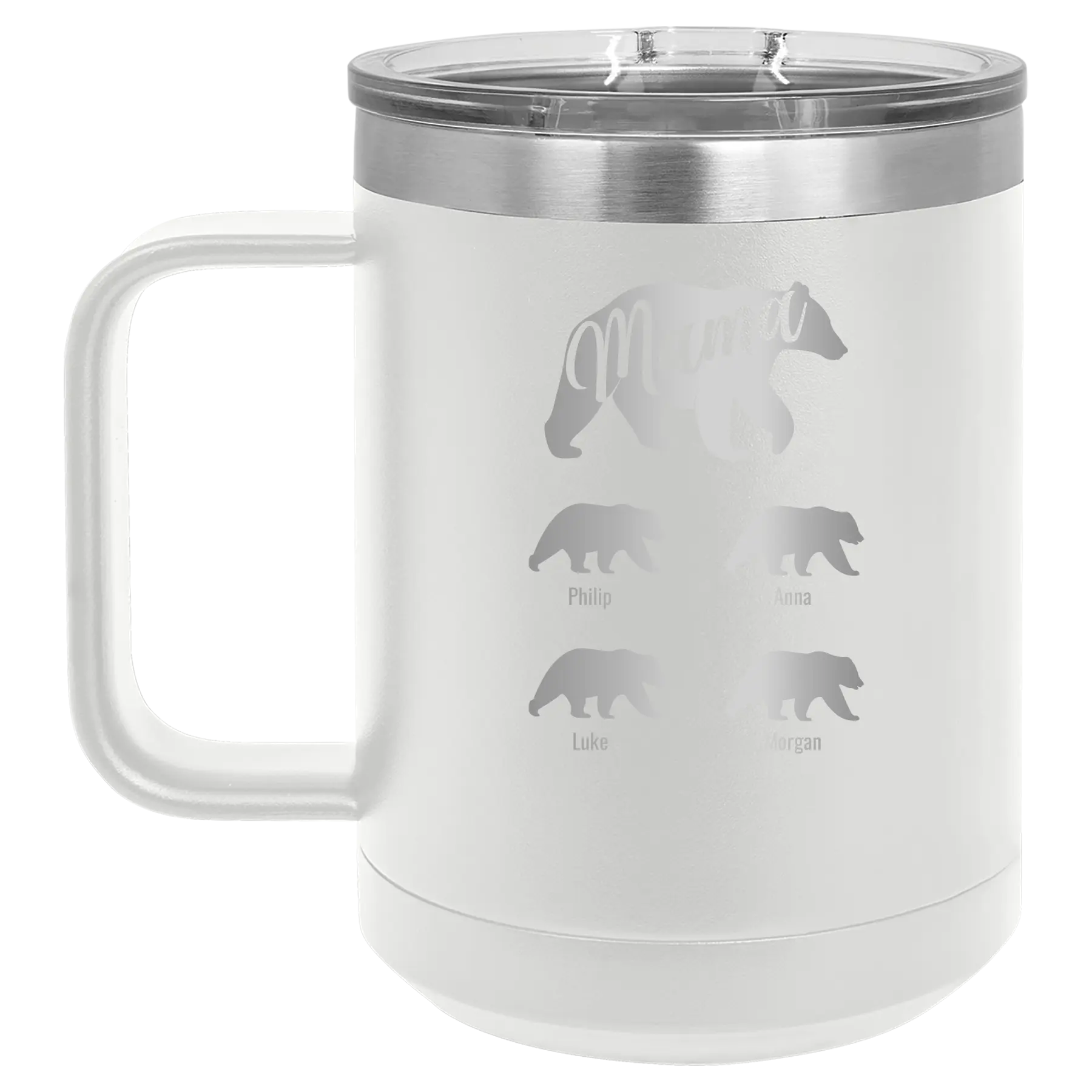 Personalized white 15 oz vacuum insulated coffee mug with 'Mama Bear 4 baby bears' design