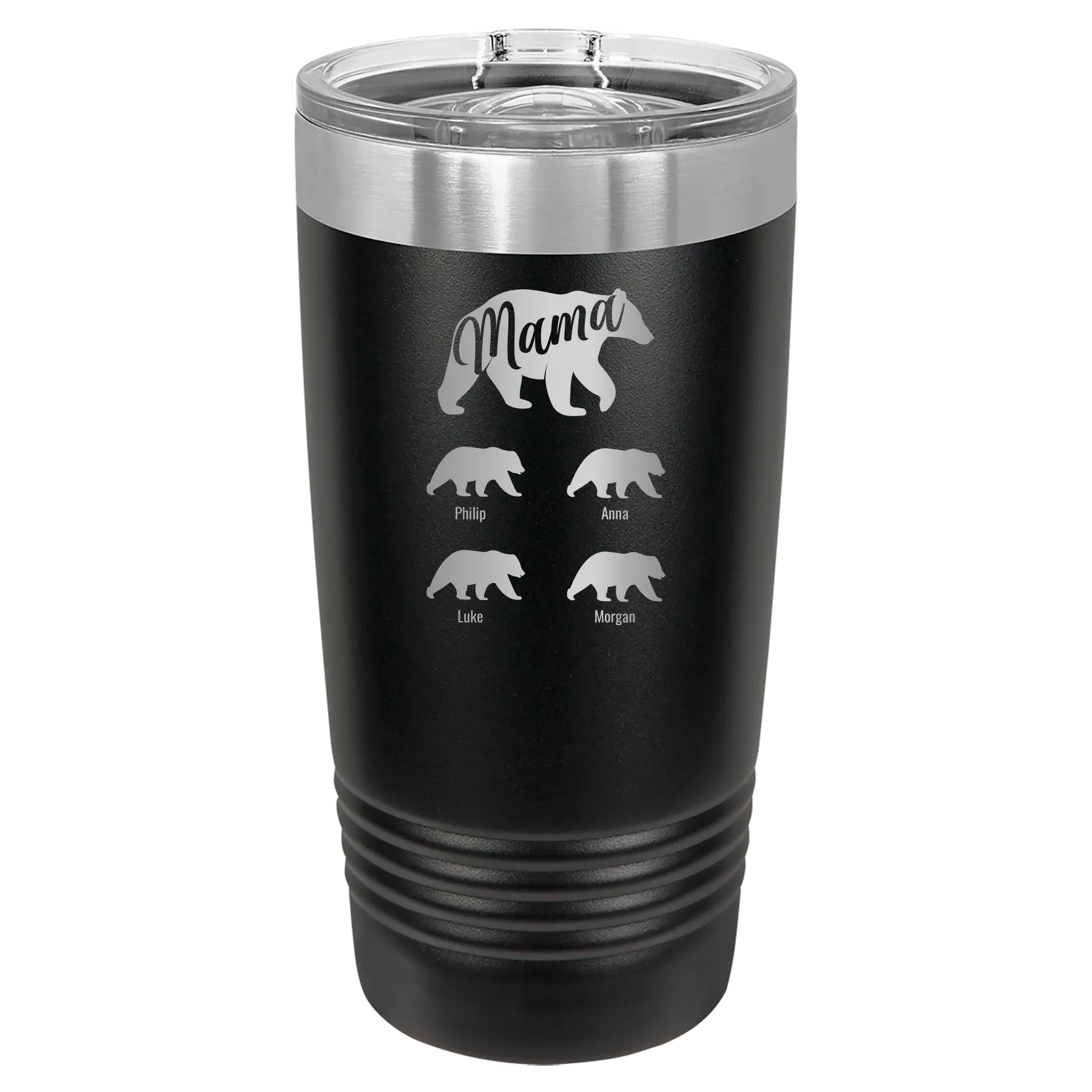 Personalized black 20 oz vacuum insulated tumbler with 'Mama Bear 4 baby bears' design