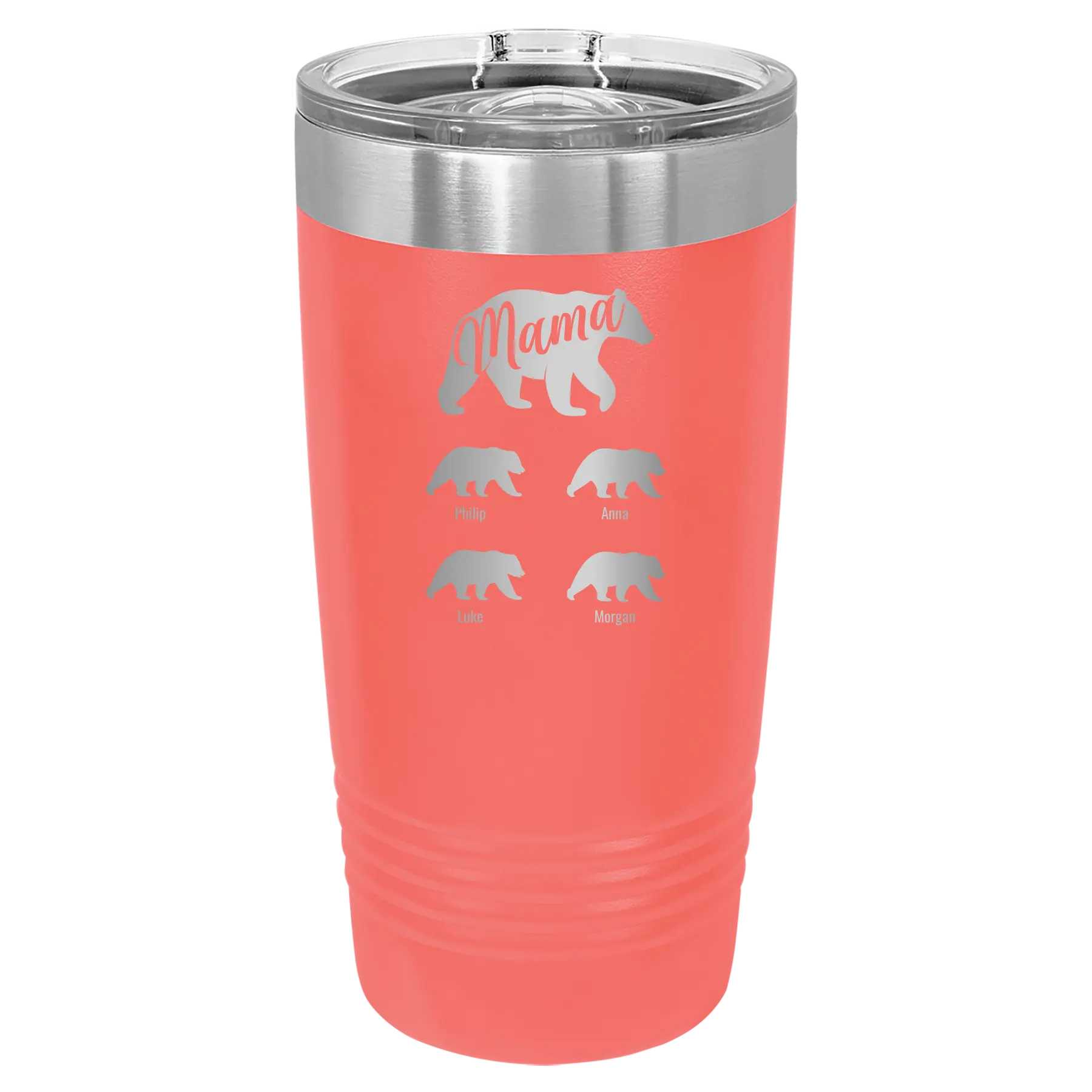 Personalized coral 20 oz vacuum insulated tumbler with 'Mama Bear 4 baby bears' design