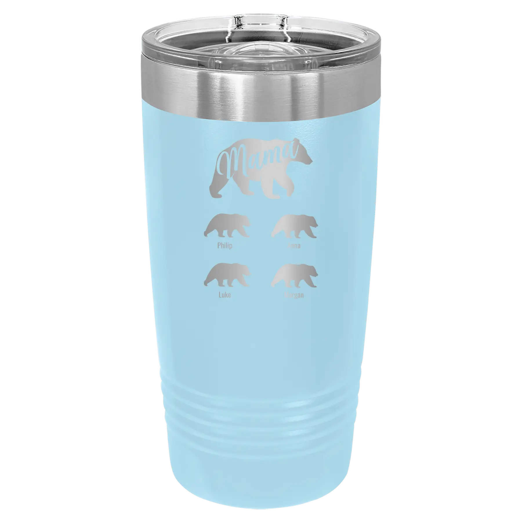 Personalized light blue 20 oz vacuum insulated tumbler with 'Mama Bear 4 baby bears' design