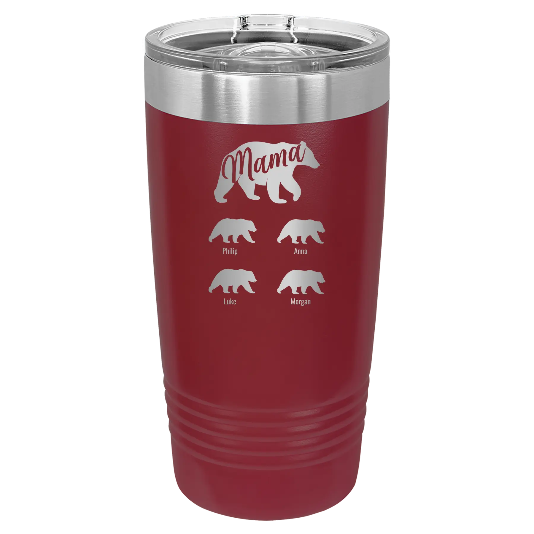 Personalized maroon 20 oz vacuum insulated tumbler with 'Mama Bear 4 baby bears' design