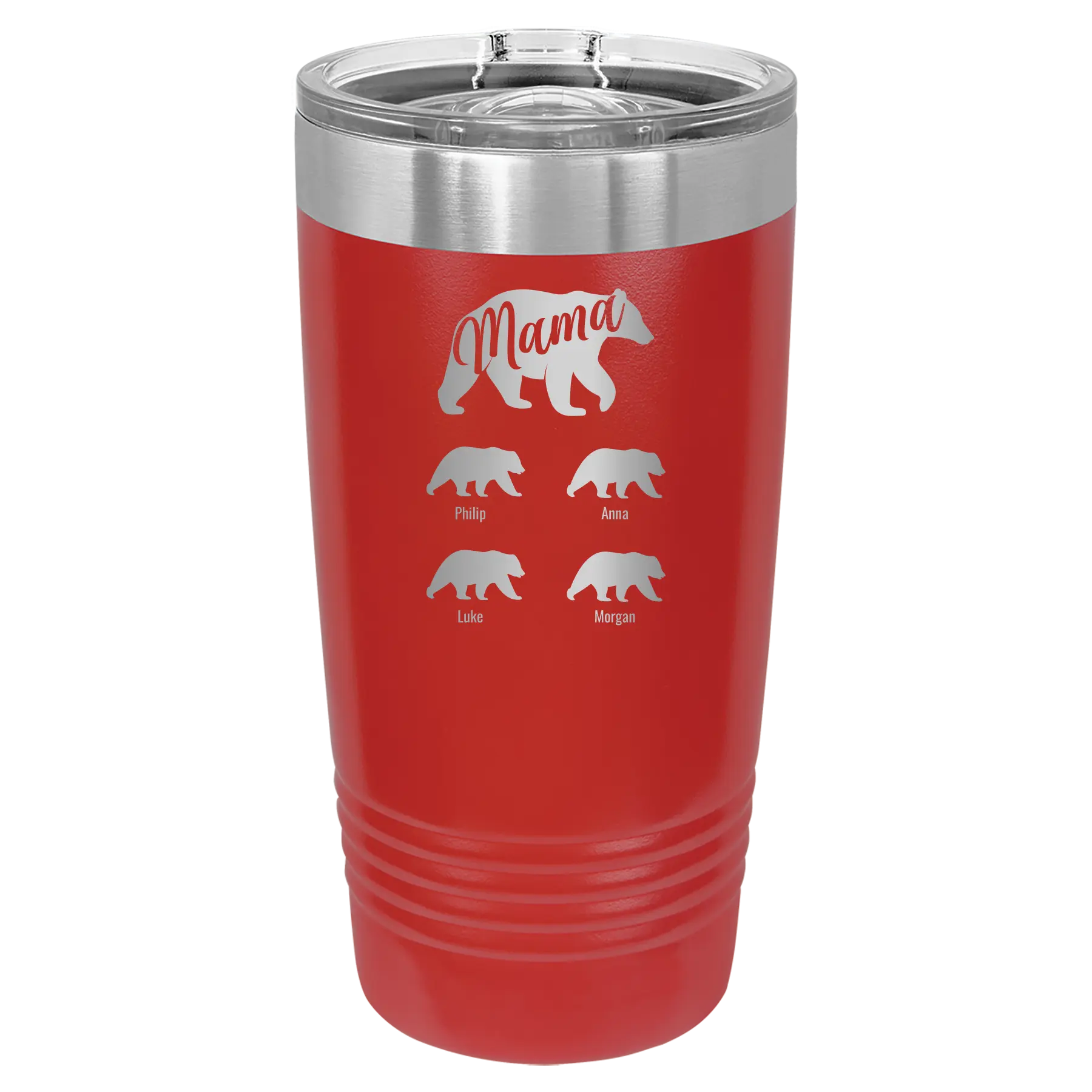 Personalized red 20 oz vacuum insulated tumbler with 'Mama Bear 4 baby bears' design