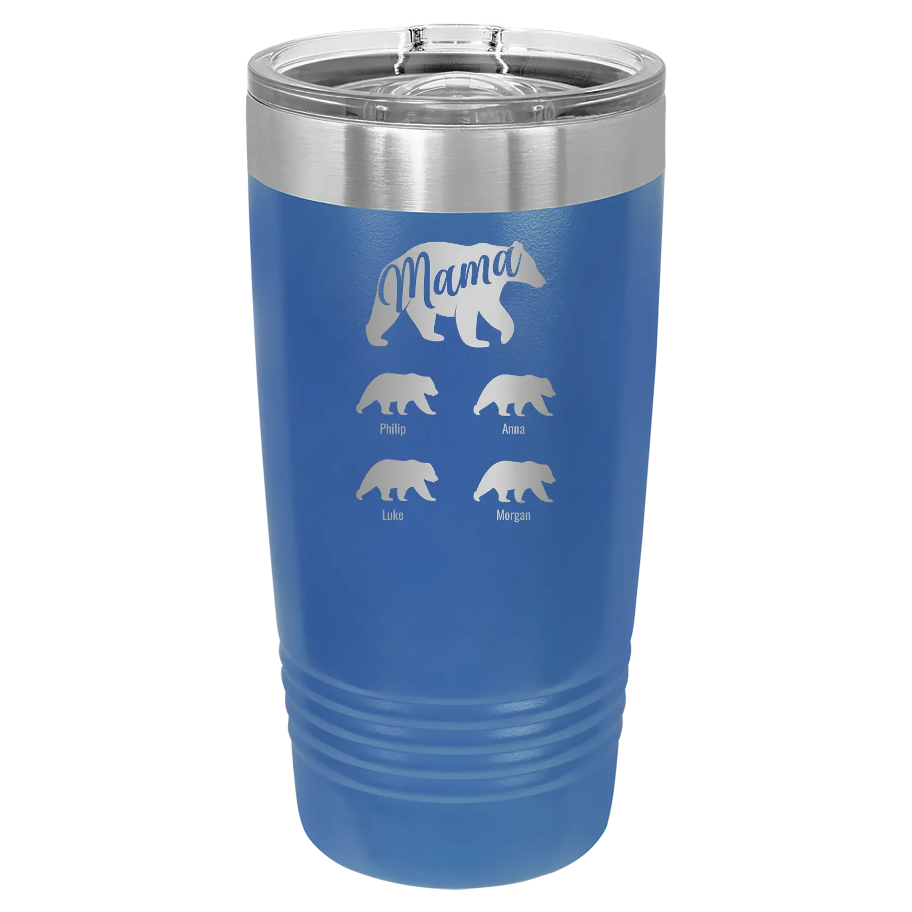 Personalized royal blue 20 oz vacuum insulated tumbler with 'Mama Bear 4 baby bears' design