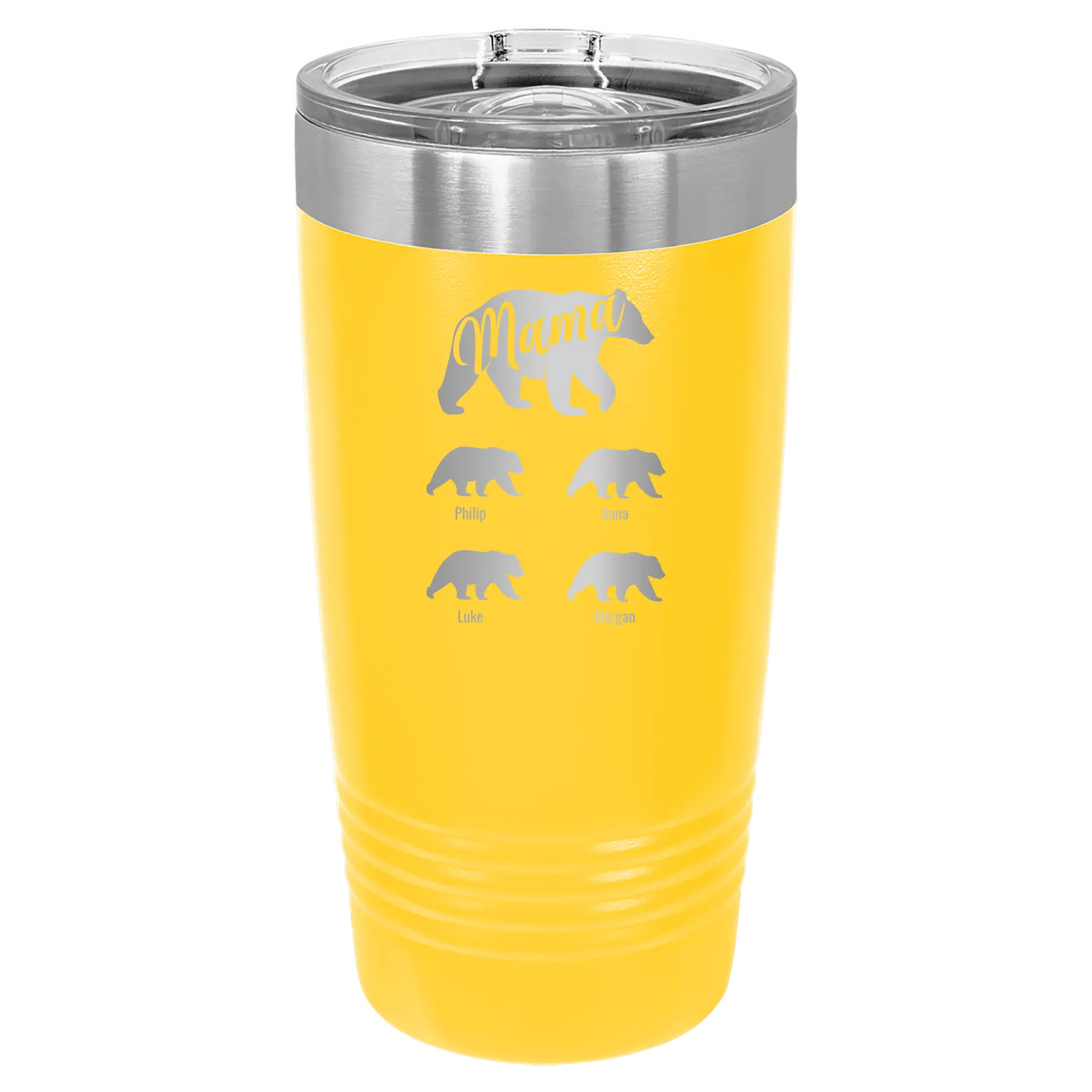 Personalized yellow 20 oz vacuum insulated tumbler with 'Mama Bear 4 baby bears' design