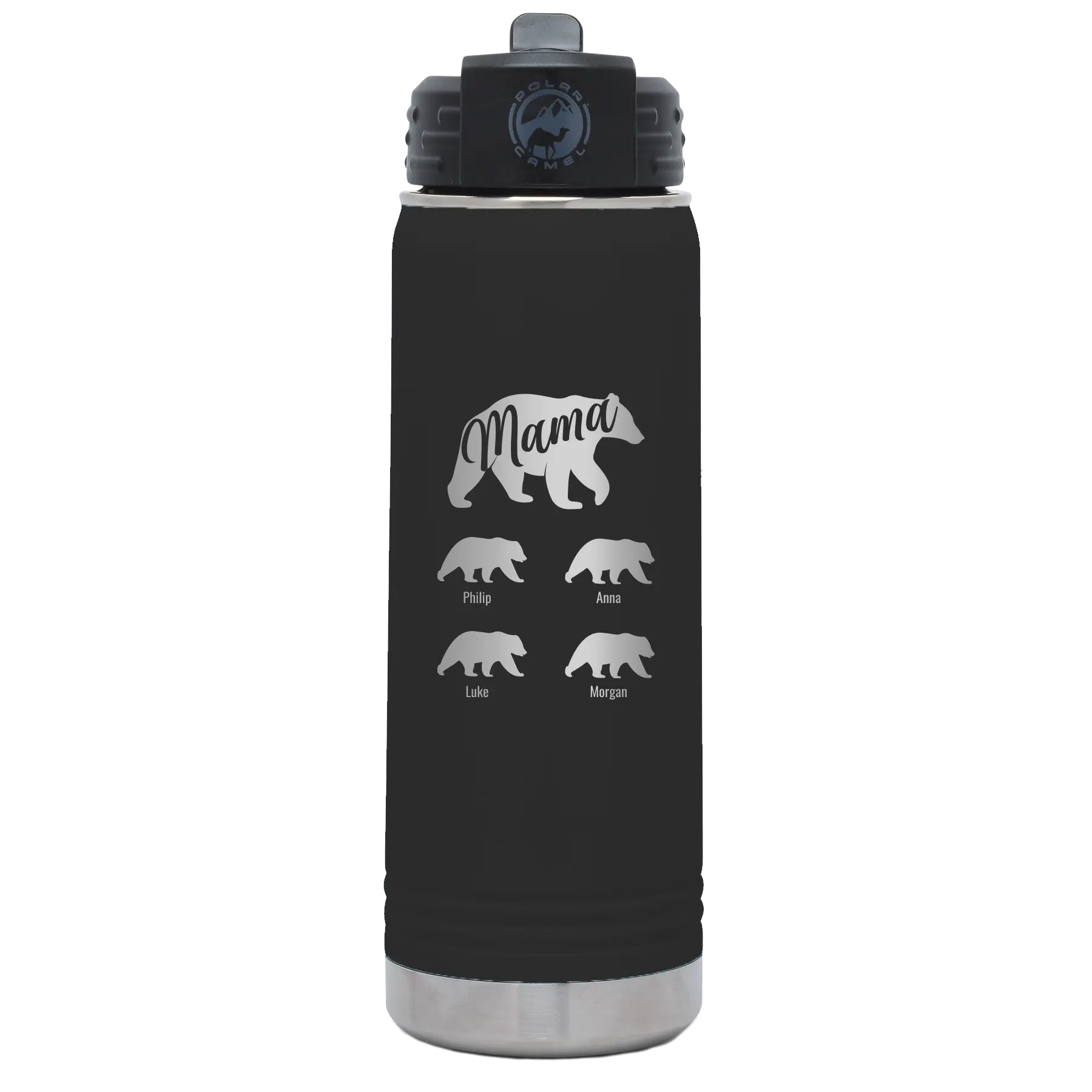 Personalized black 20 oz vacuum insulated water bottle with 'Mama Bear 4 baby bears' design