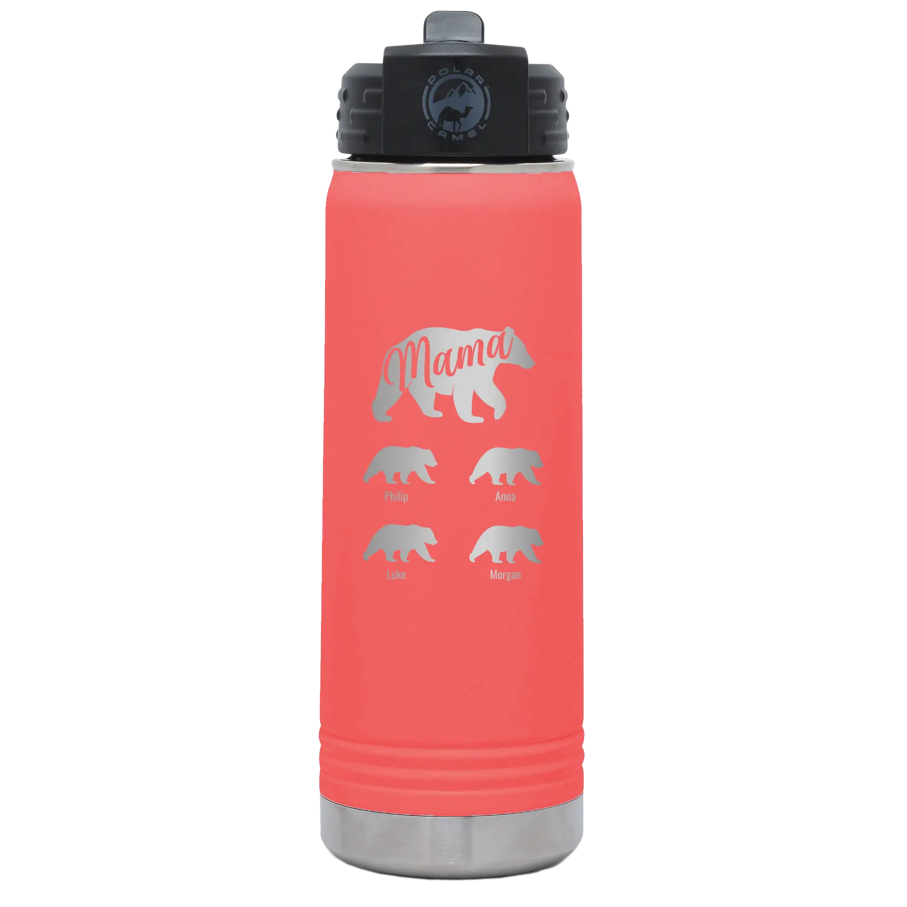 Personalized coral 20 oz vacuum insulated water bottle with 'Mama Bear 4 baby bears' design