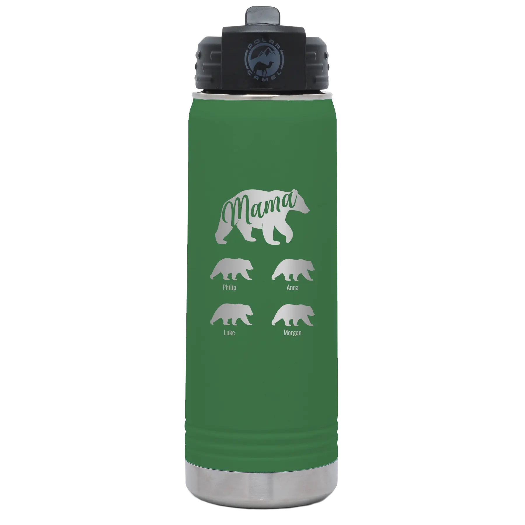 Personalized green 20 oz vacuum insulated water bottle with 'Mama Bear 4 baby bears' design