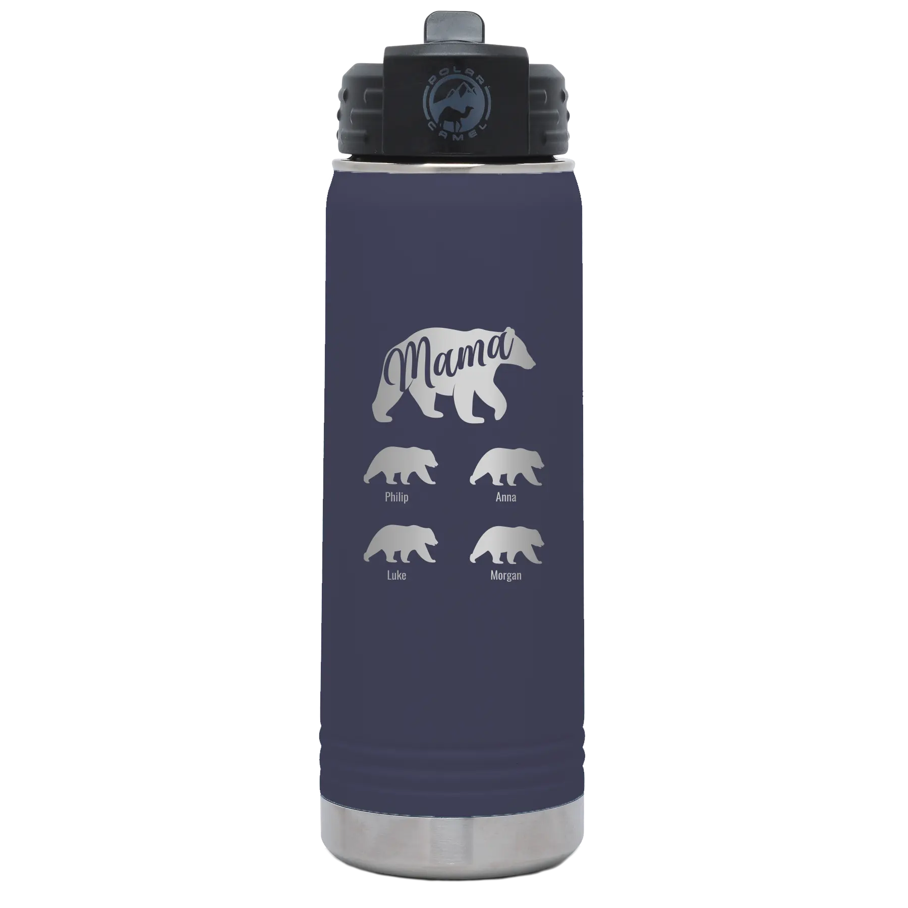 Personalized navy 20 oz vacuum insulated water bottle with 'Mama Bear 4 baby bears' design
