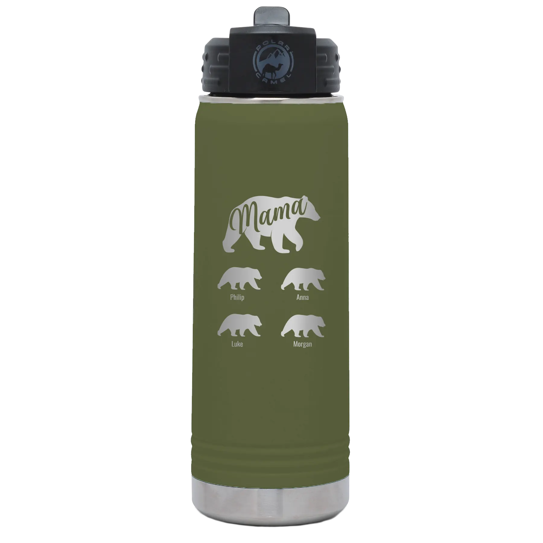 Personalized olive green 20 oz vacuum insulated water bottle with 'Mama Bear 4 baby bears' design