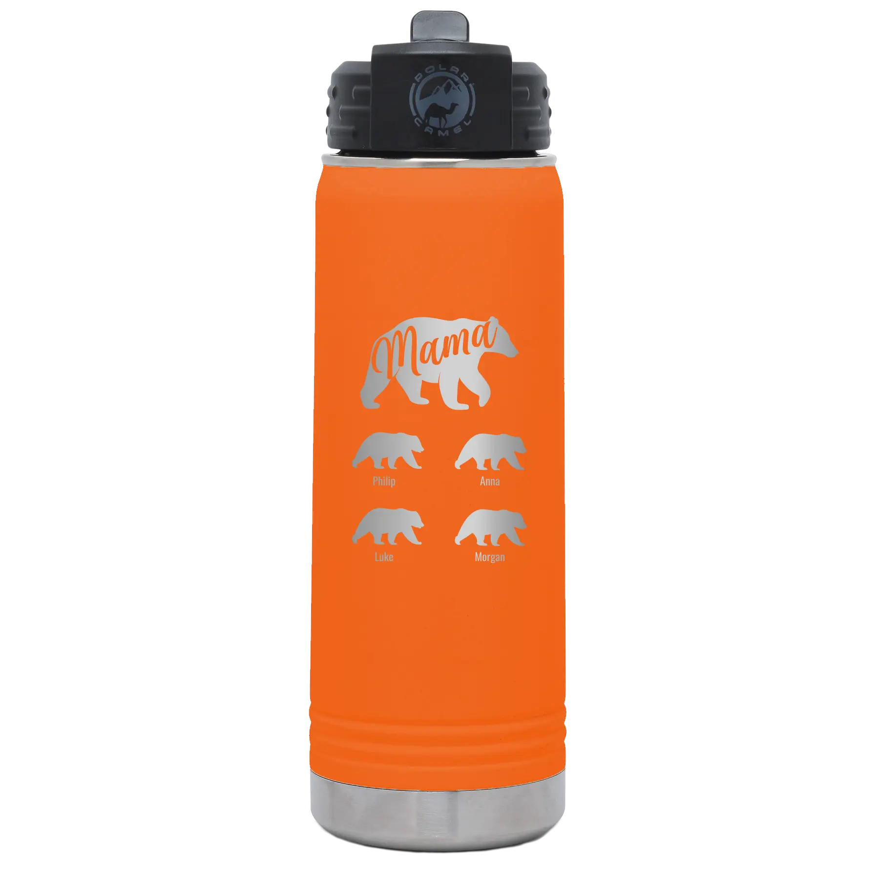 Personalized orange 20 oz vacuum insulated water bottle with 'Mama Bear 4 baby bears' design
