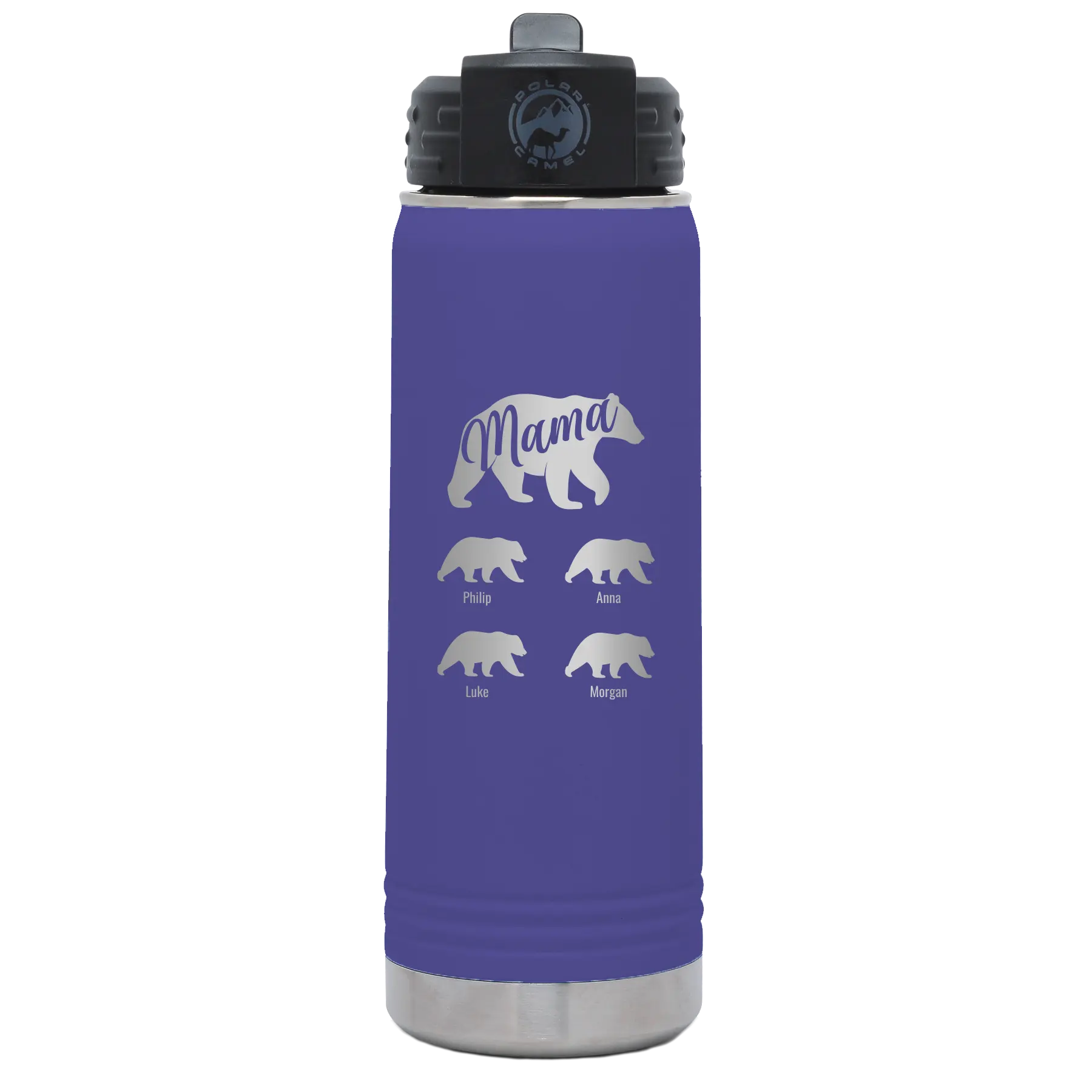 Personalized purple 20 oz vacuum insulated water bottle with 'Mama Bear 4 baby bears' design
