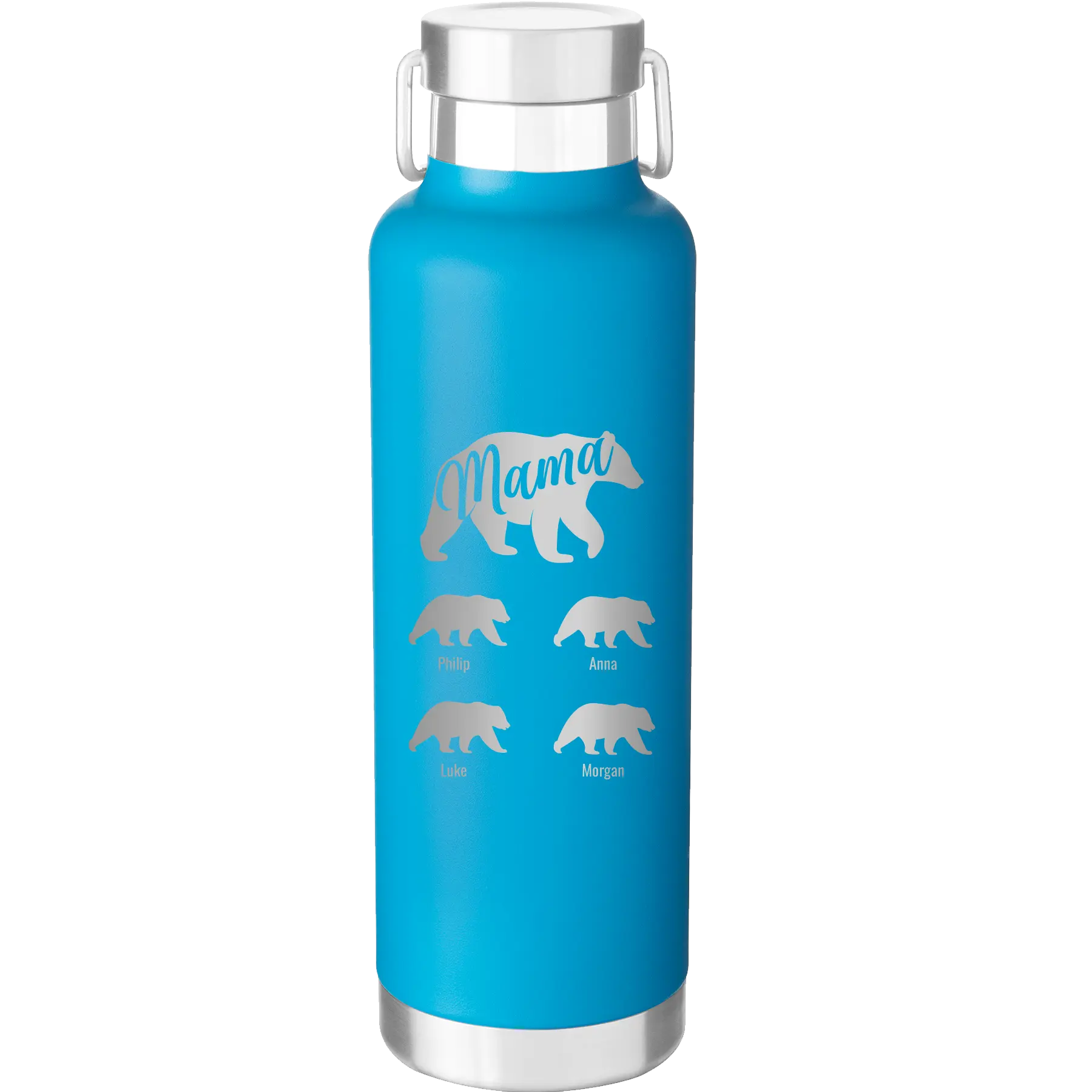 Personalized aqua 24 oz vacuum insulated water bottle with 'Mama Bear 4 baby bears' design