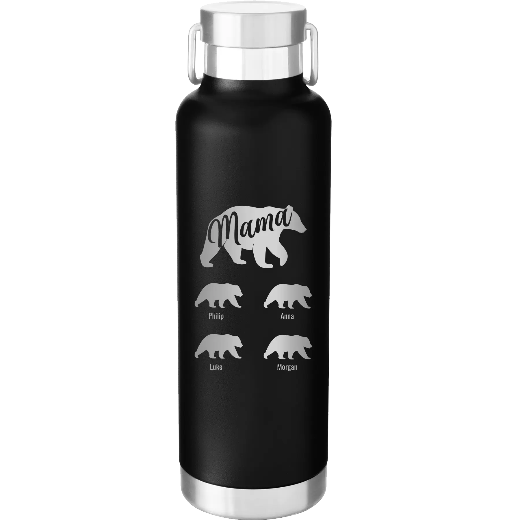 Personalized black 24 oz vacuum insulated water bottle with 'Mama Bear 4 baby bears' design