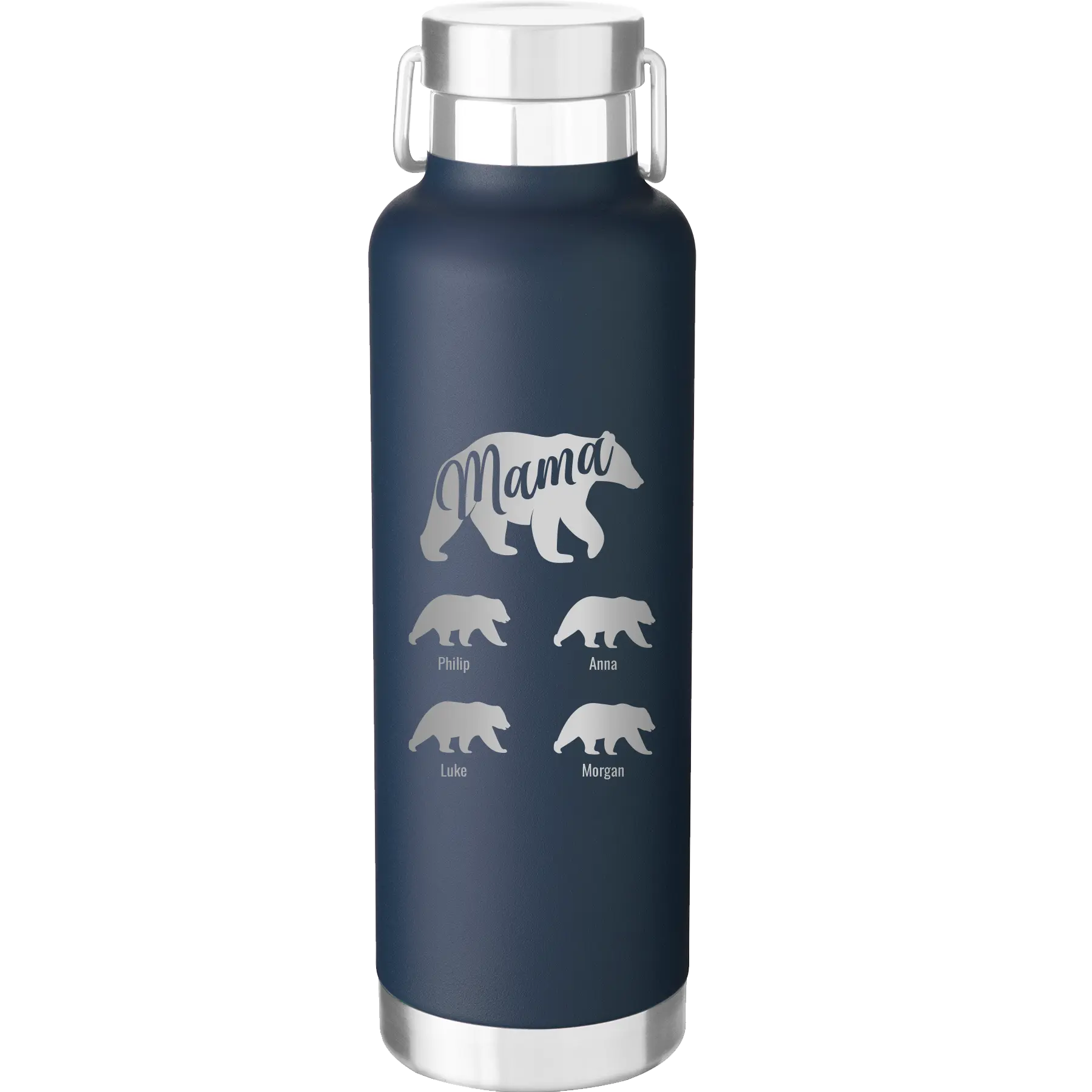 Personalized navy 24 oz vacuum insulated water bottle with 'Mama Bear 4 baby bears' design
