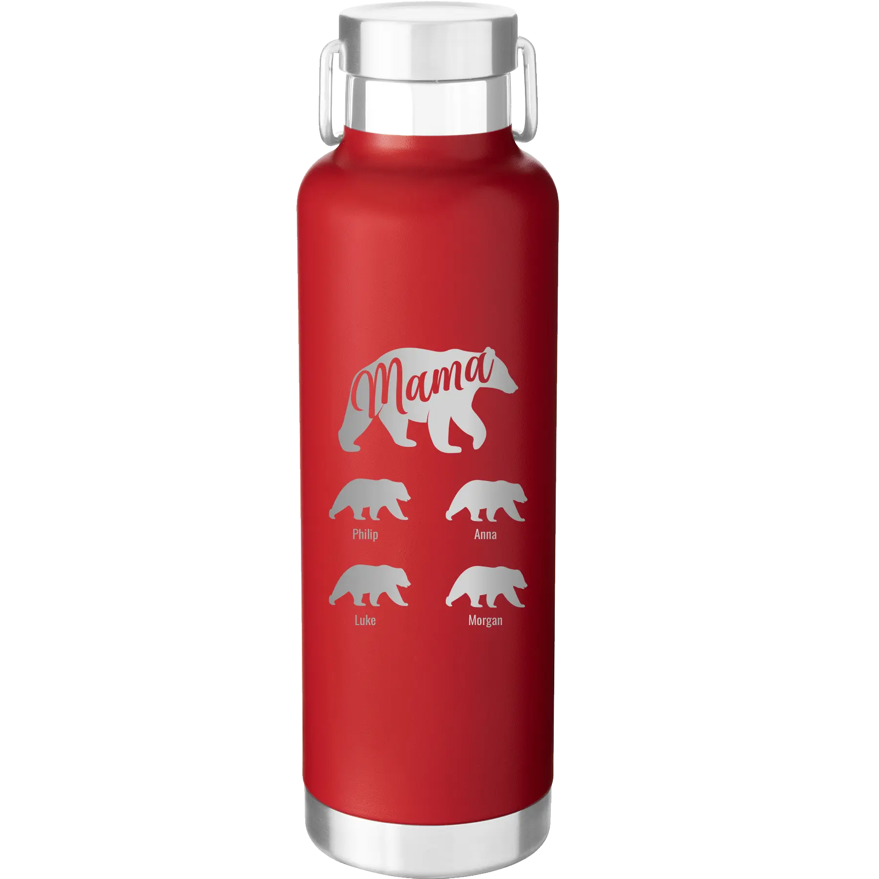 Personalized red 24 oz vacuum insulated water bottle with 'Mama Bear 4 baby bears' design