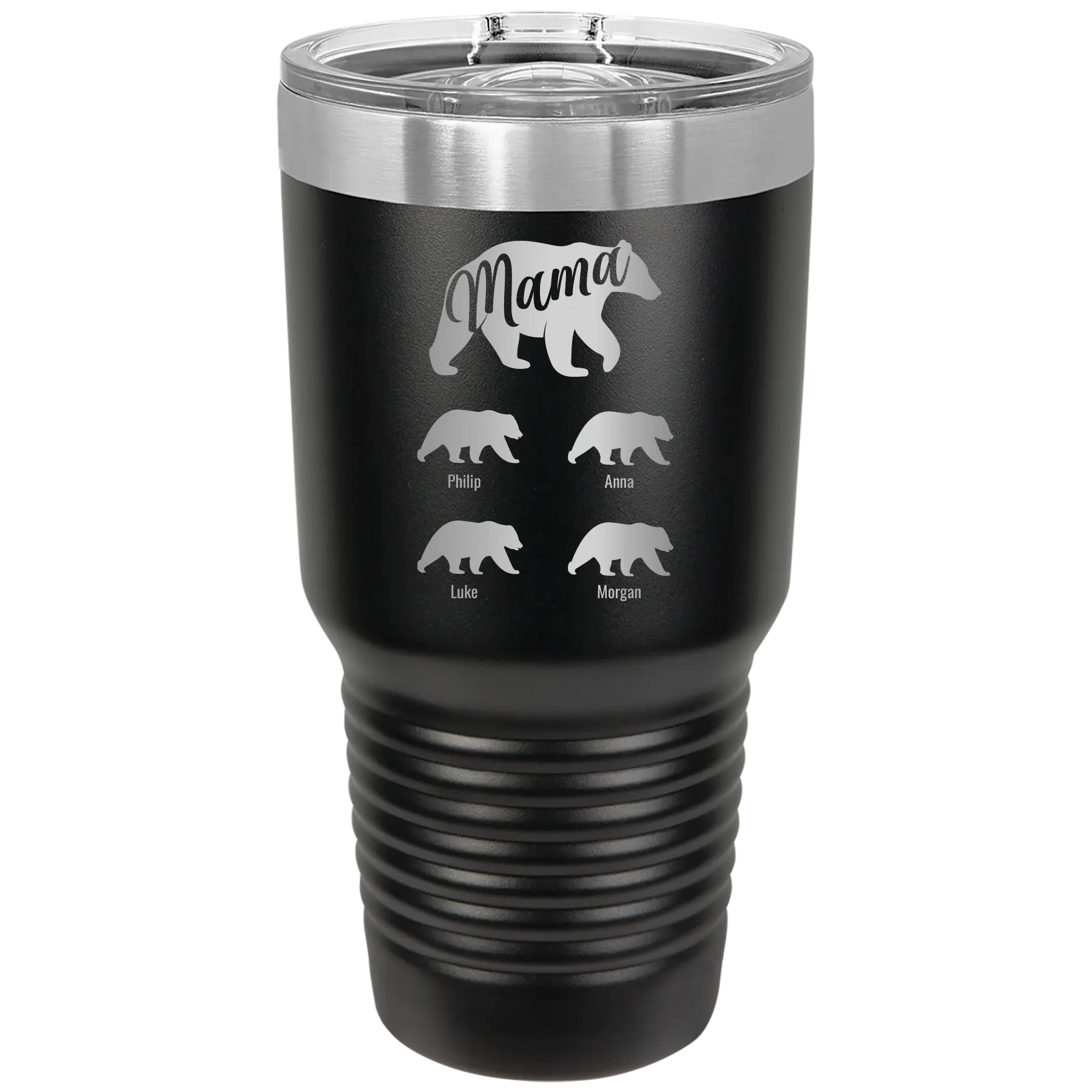 Personalized black 30 oz vacuum insulated tumbler with 'Mama Bear 4 baby bears' design