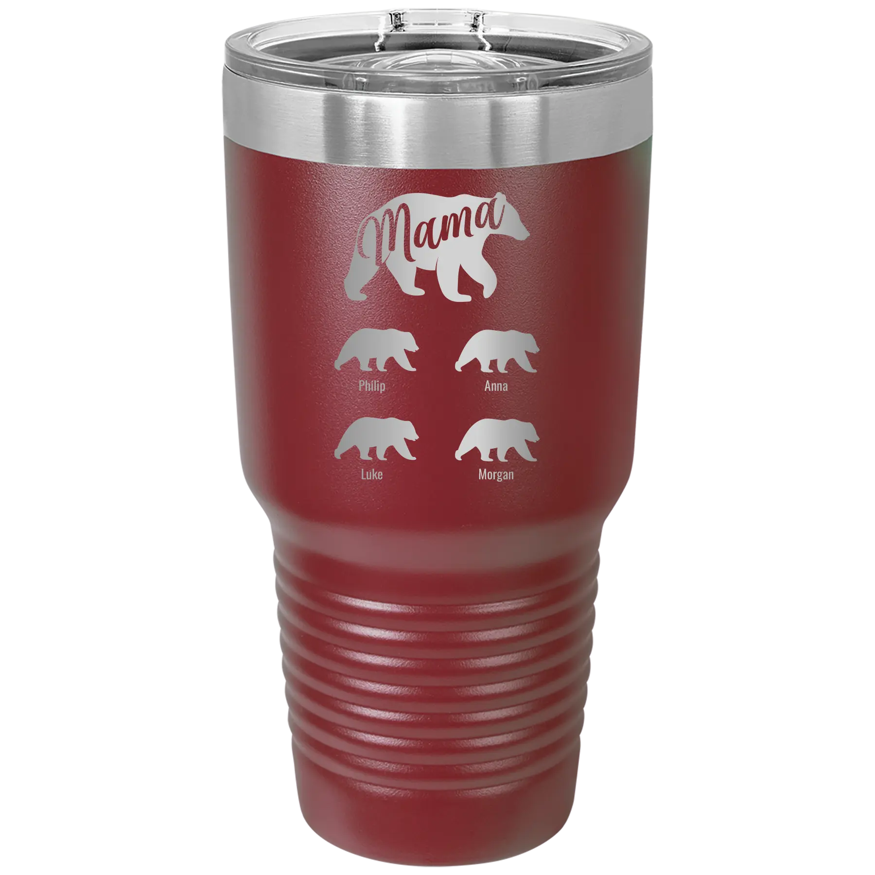 Personalized maroon 30 oz vacuum insulated tumbler with 'Mama Bear 4 baby bears' design