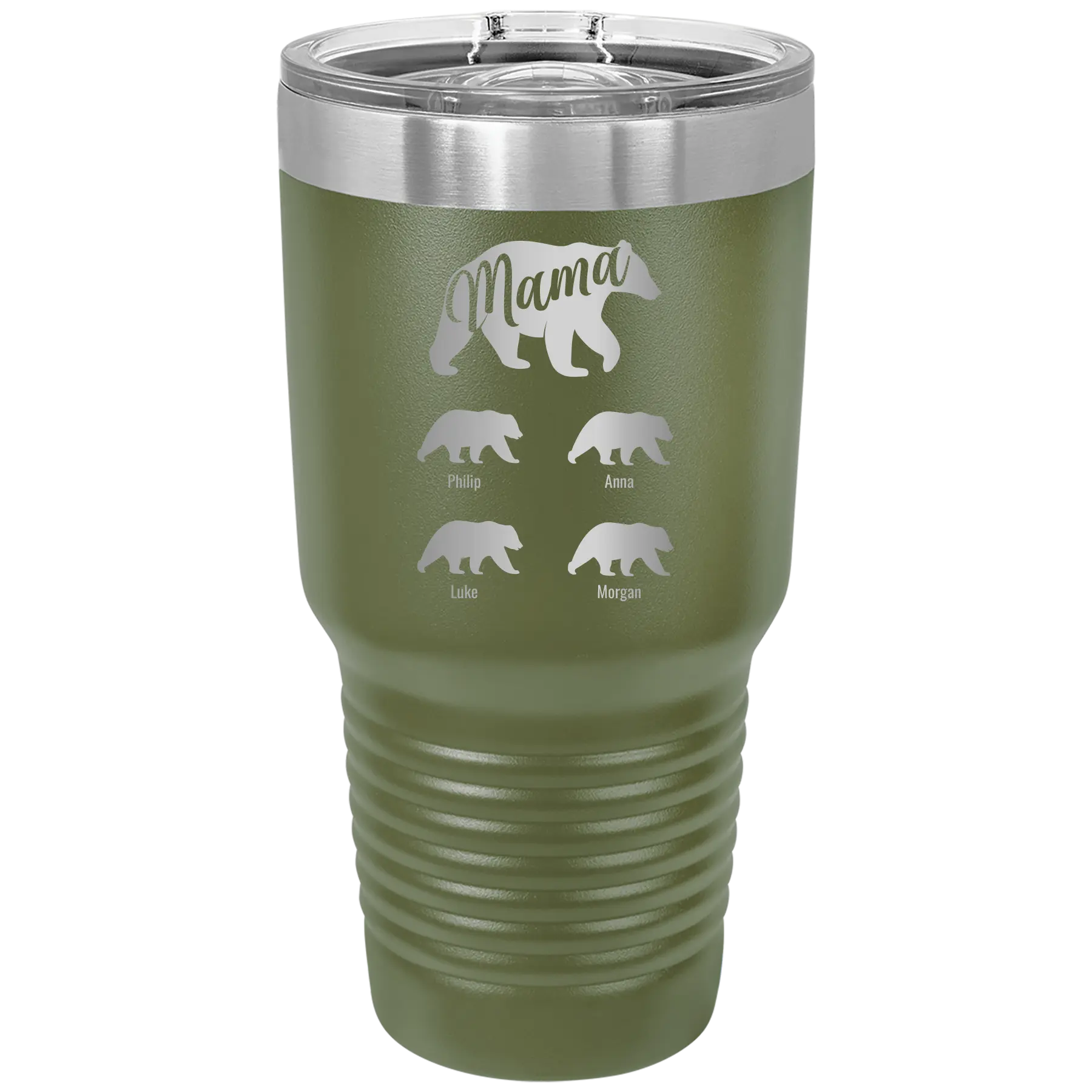 Personalized olive green 30 oz vacuum insulated tumbler with 'Mama Bear 4 baby bears' design