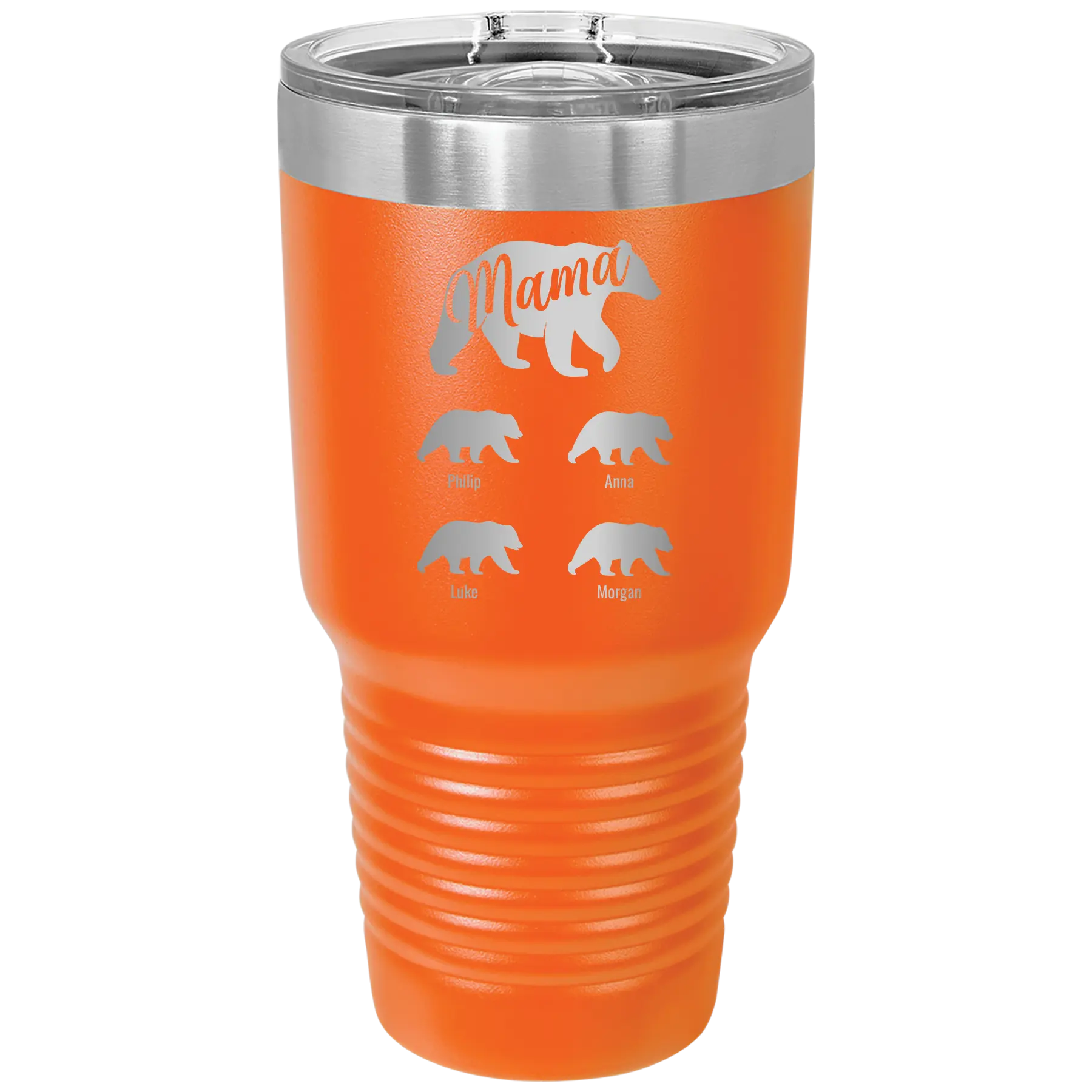 Personalized orange 30 oz vacuum insulated tumbler with 'Mama Bear 4 baby bears' design