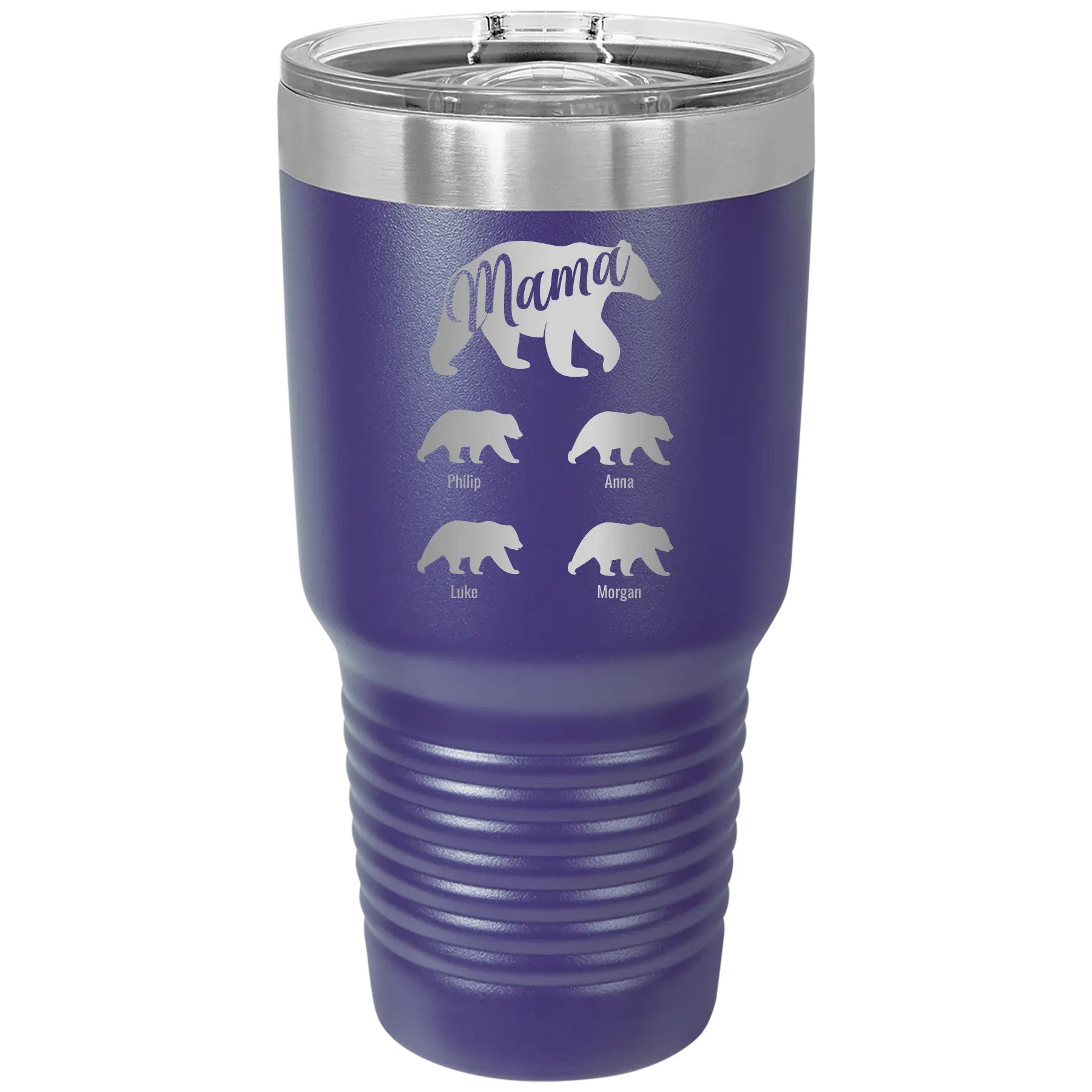 Personalized purple 30 oz vacuum insulated tumbler with 'Mama Bear 4 baby bears' design
